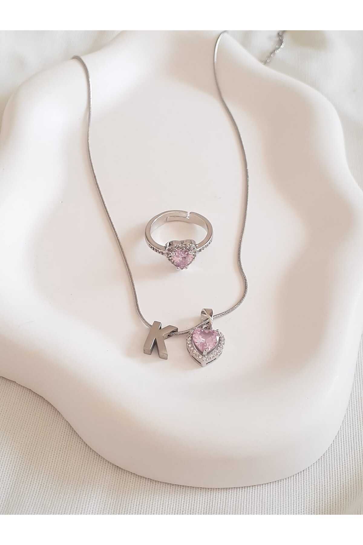 bijoux uniques Çelik K Harfli Pembe Kalpli Kolye&Yüzük Seti