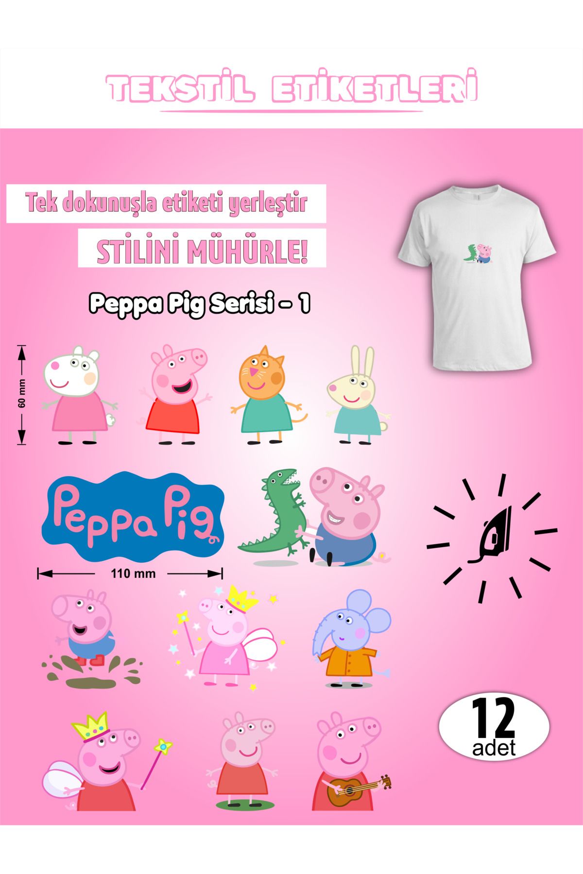 AGG Reklam Ütü ile Yapışan Kıyafet Etiketi Peppa Pig Serisi-1 12Li Set