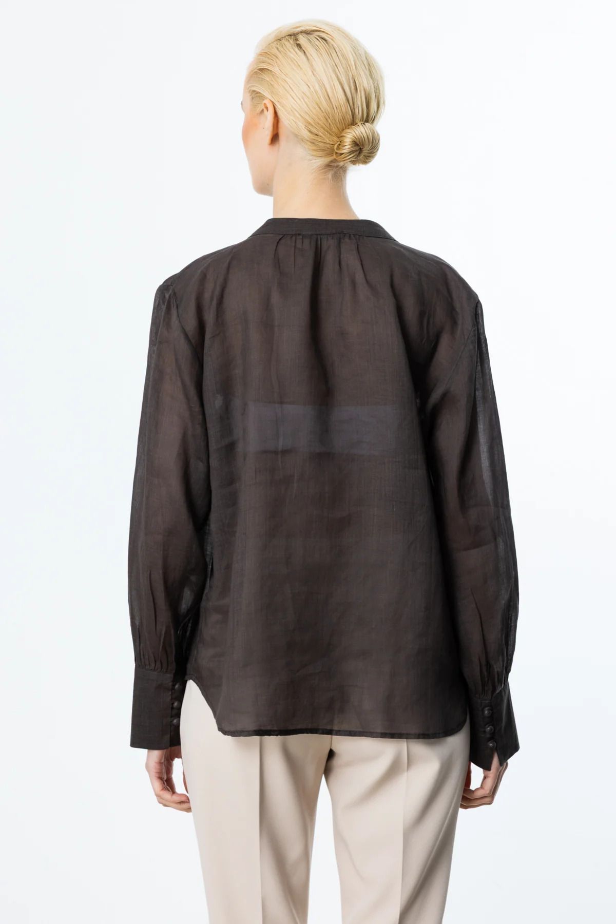 Ekol-Button Front Embroidered Linen Blouse Cocoa 5