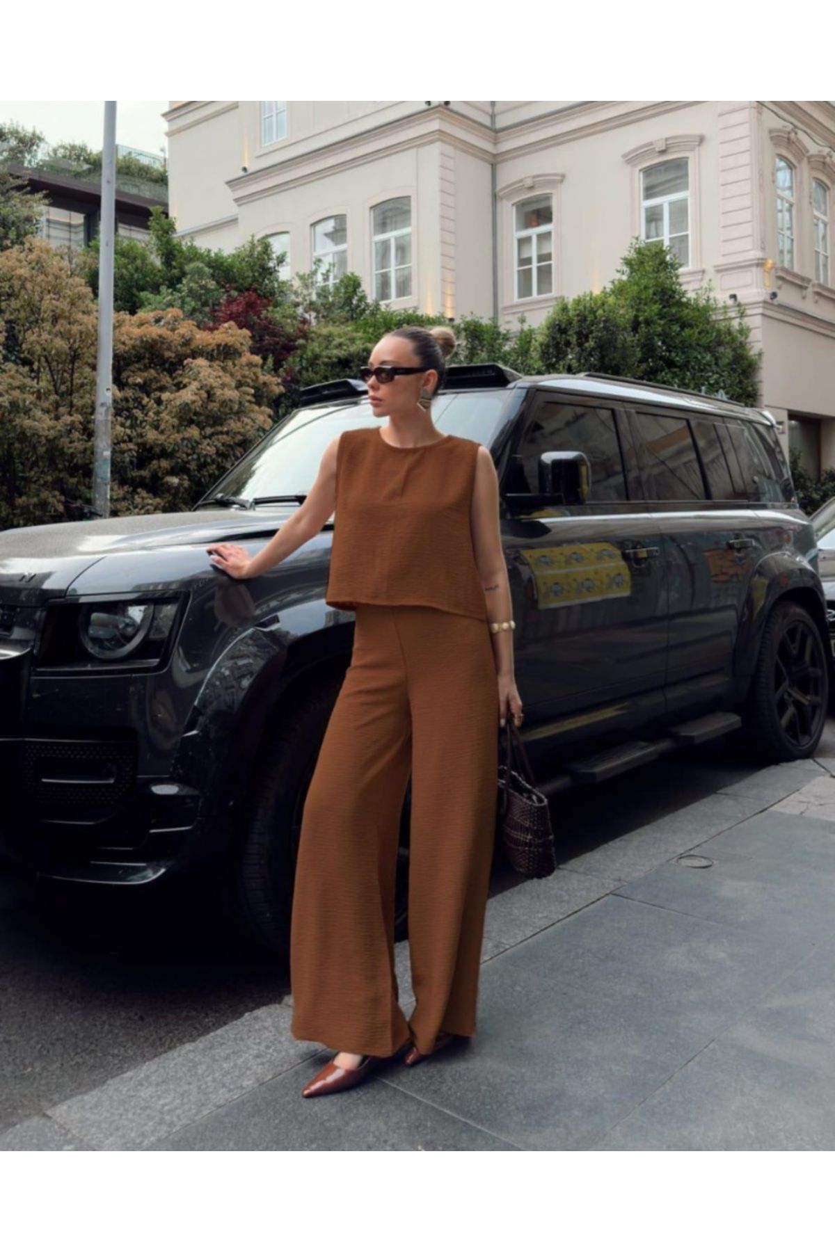 atelyu kadın camel ayrobin camel pantalon bluz ikili takım