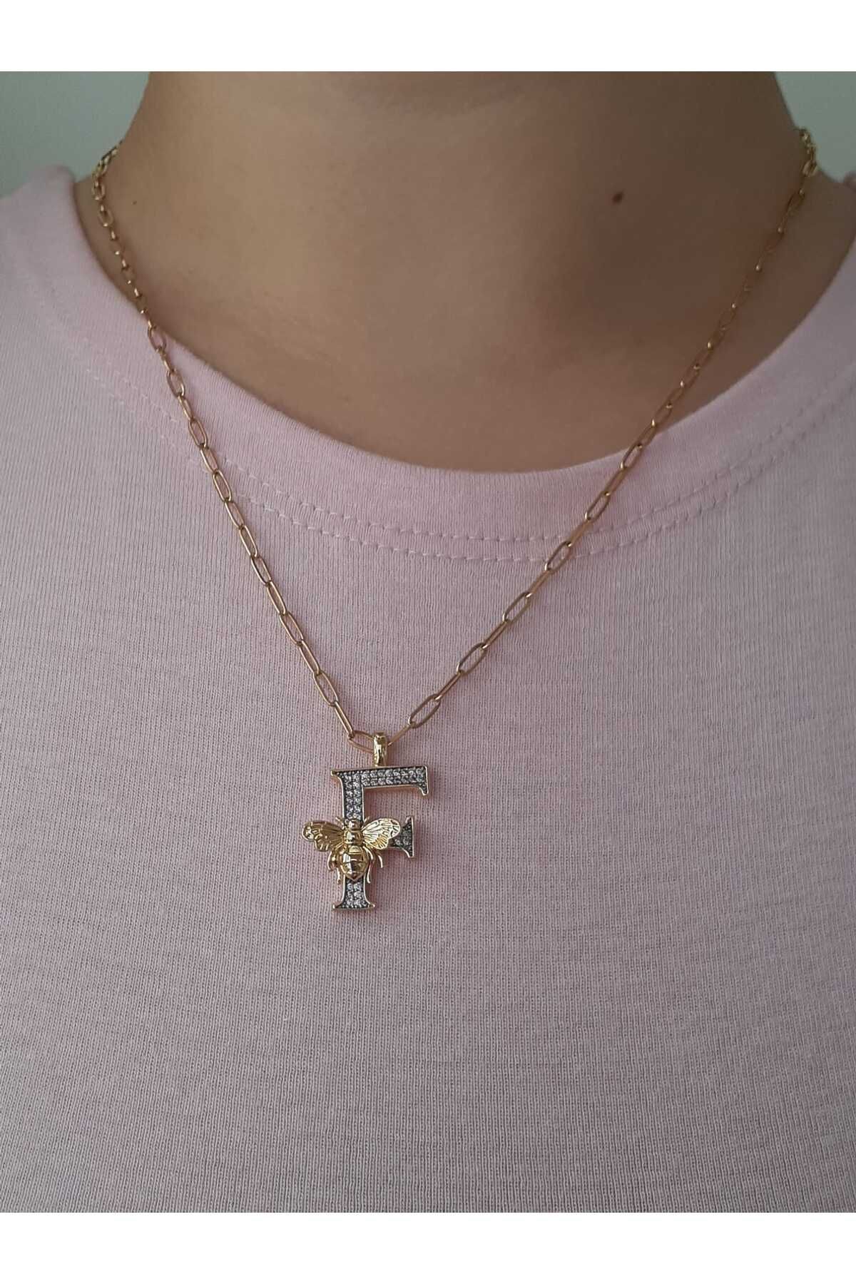 bijoux uniques F Harfli Arı Figürlü Çelik Kolye