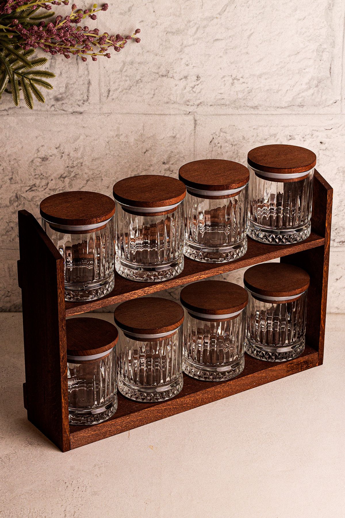 Snippy-Mira Small - Set of 8 Vacuum Wooden Lid Glass Spice Jar Set with Stand Storage Container Set 210 ml 5