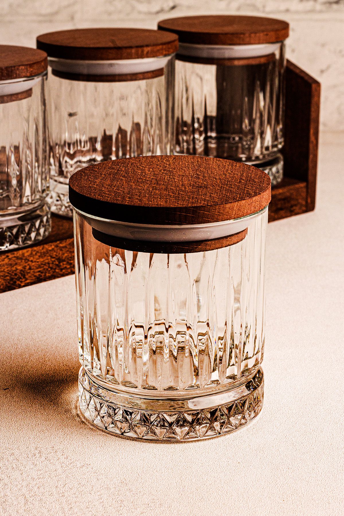 Snippy-Mira Small - Set of 4 Vacuum Wooden Lid Glass Spice Jar Set with Stand Storage Container Set 210 ml 7