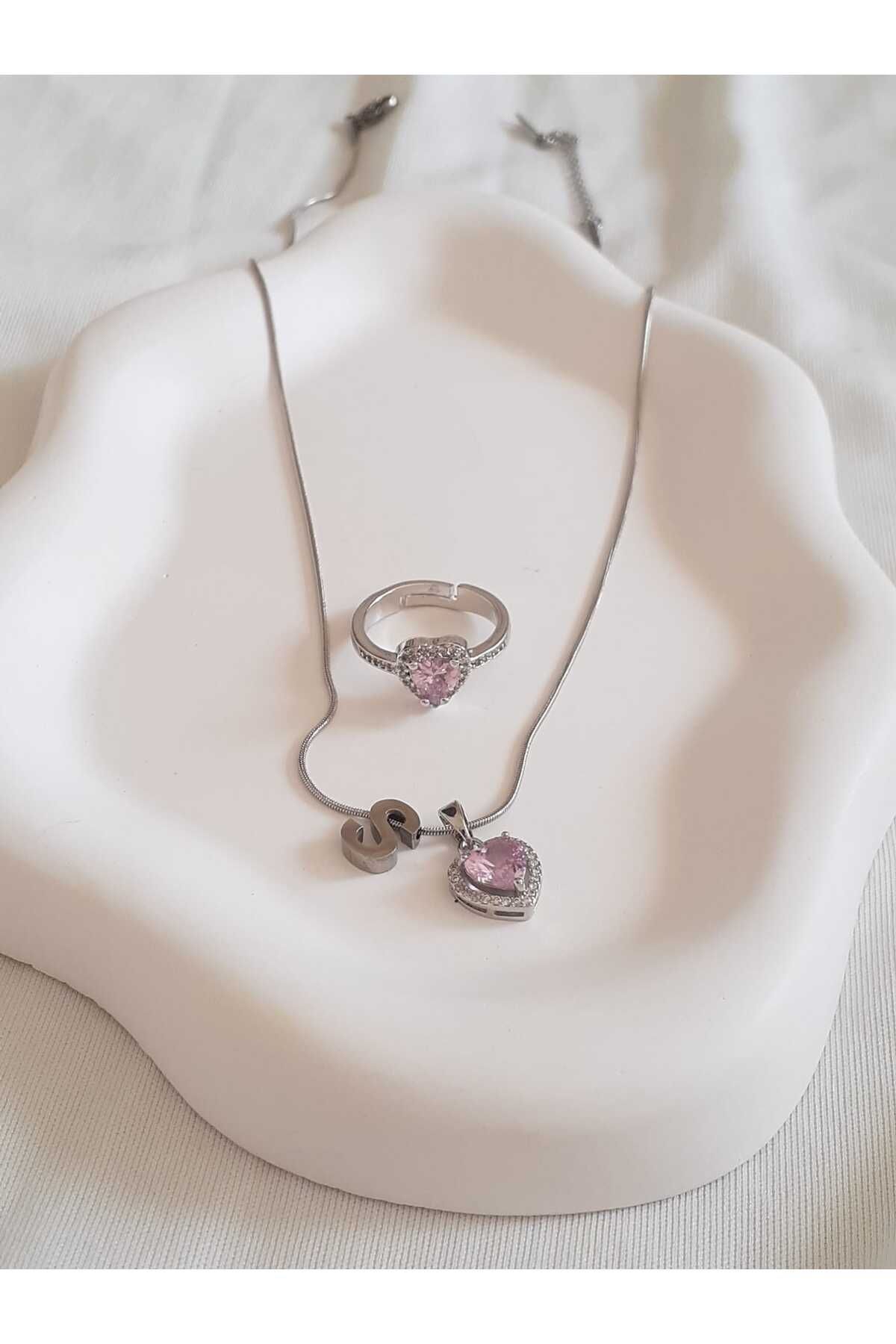 bijoux uniques Çelik S Harfli Pembe Kalpli Kolye&Yüzük Seti