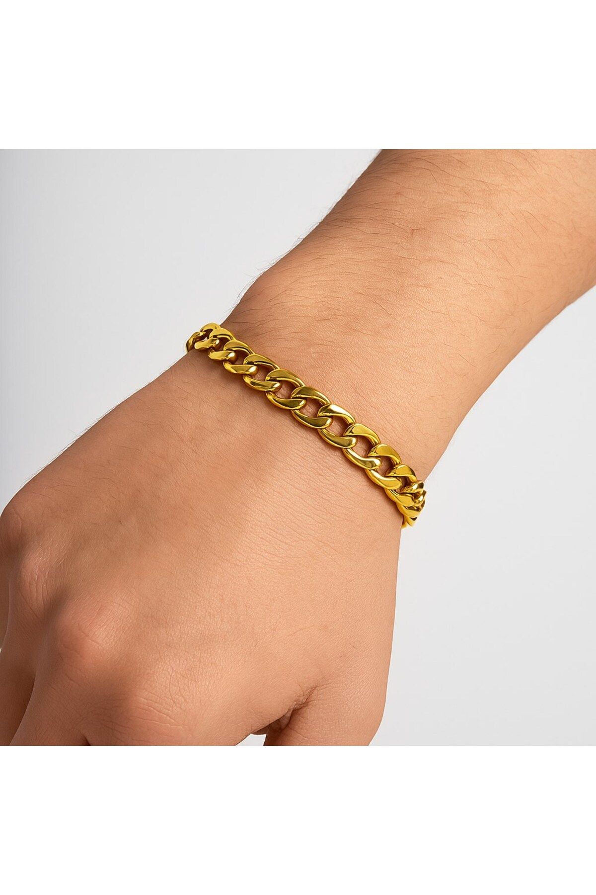 X-Lady Accessories Altın Renk Cuban Kalın Unisex Erkek Metal Beyaz Çelik Zincir Çelik Bileklik- 3334