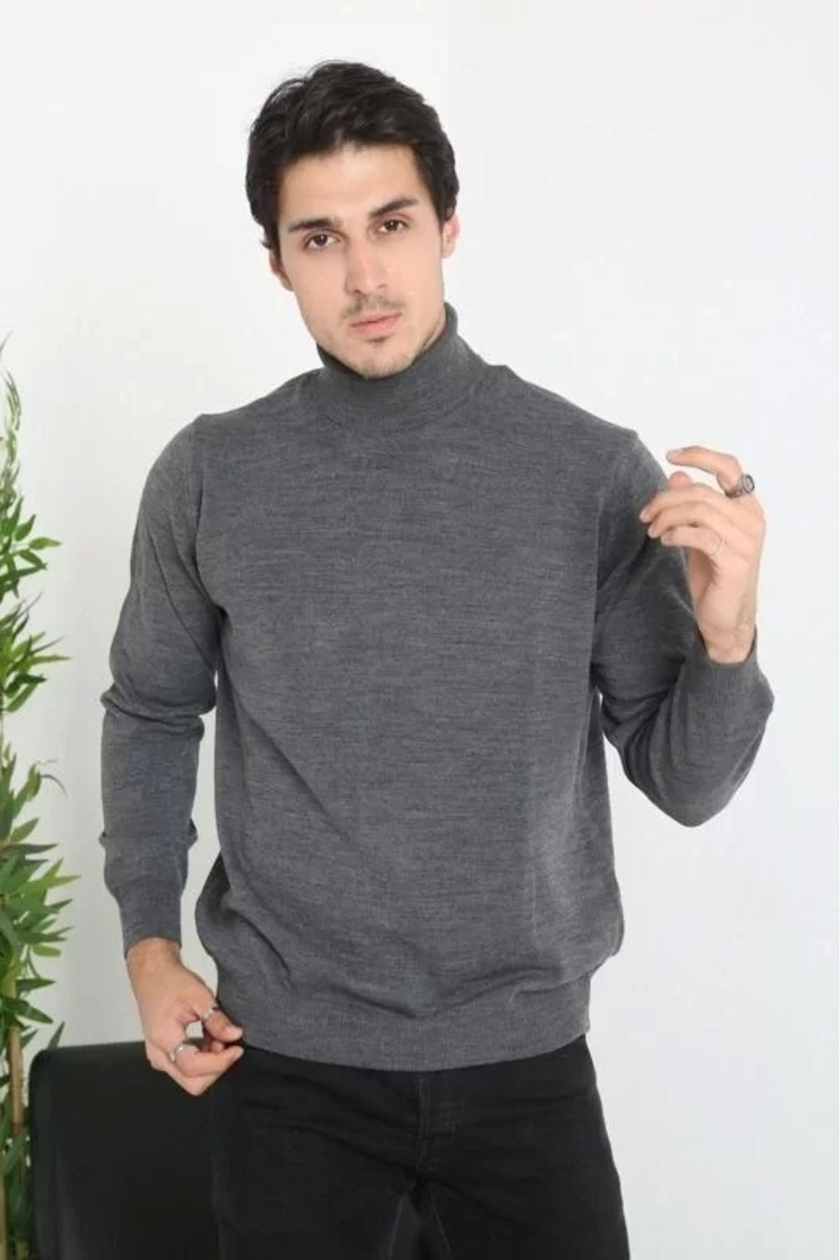 CanselButik Unisex Tam Boğazlı Balıkçı Yaka Dokuma Triko - Füme
