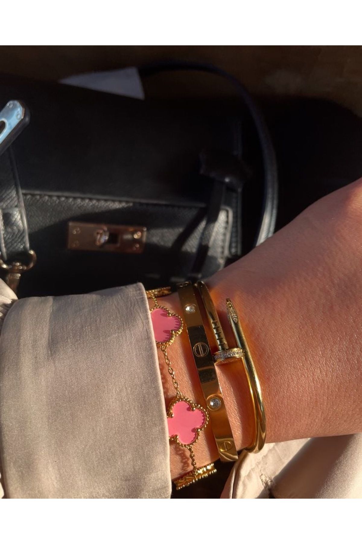 ANGELSS JEWELLERY Üçlü Kombin Yonca Pembe Gold Çivi Kelepçe Bileklik Set (3’lü Bileklik Set Van Cleeff)
