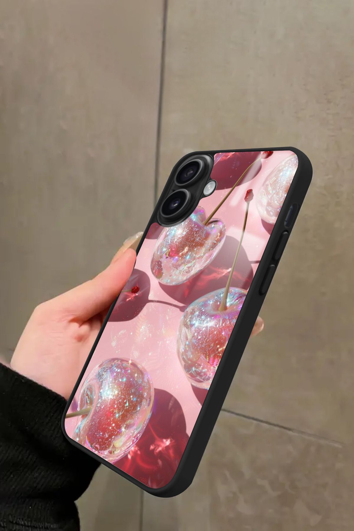 Snacase iPhone 16 Uyumlu Simli Kiraz Tasarımlı Glossy Premium Kılıf