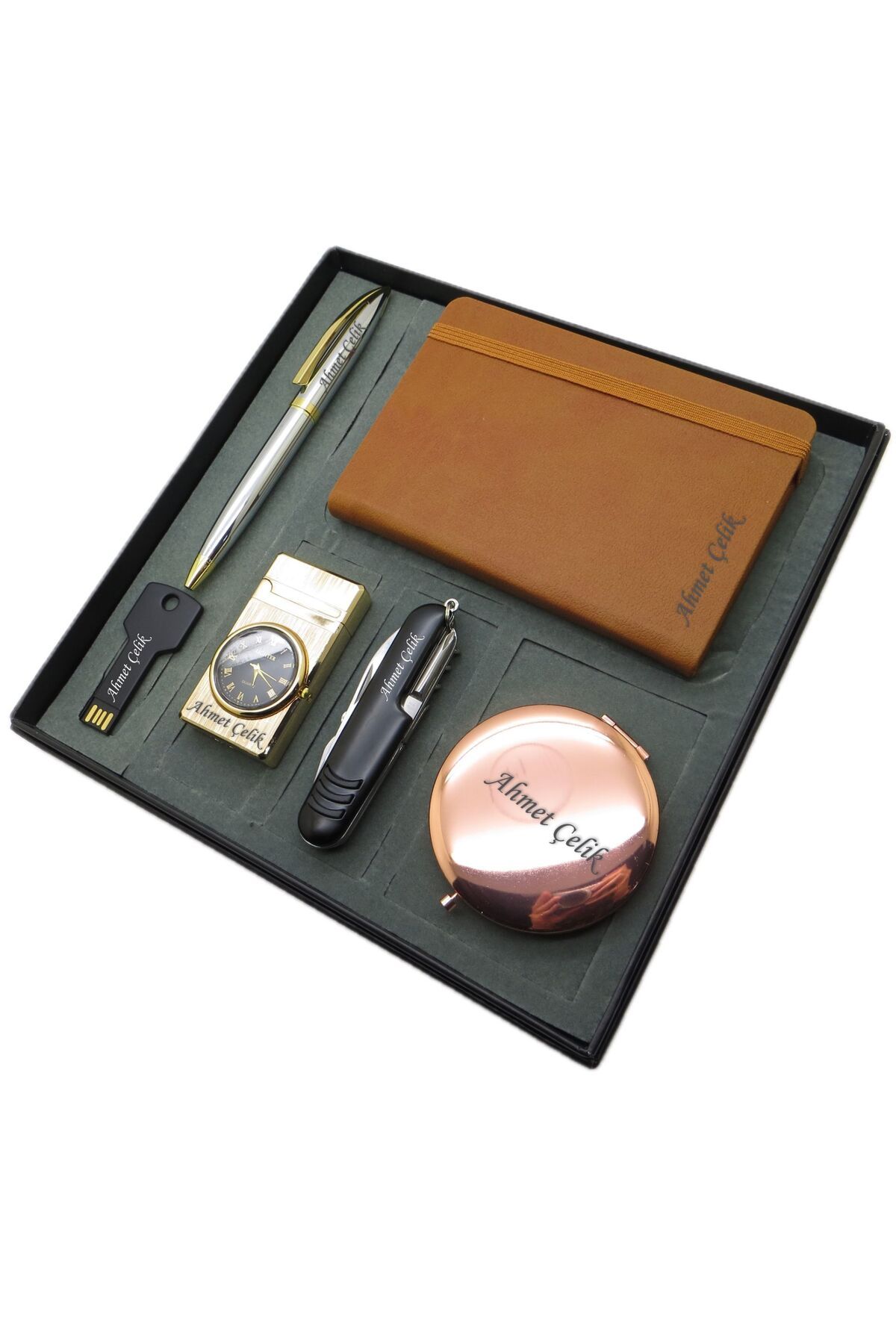 Signator ® Argilla | Kişiye Özel Set - 32 Gb. Anahtar Usb Bellek + Saatli Çakmak + Not defteri + Ço