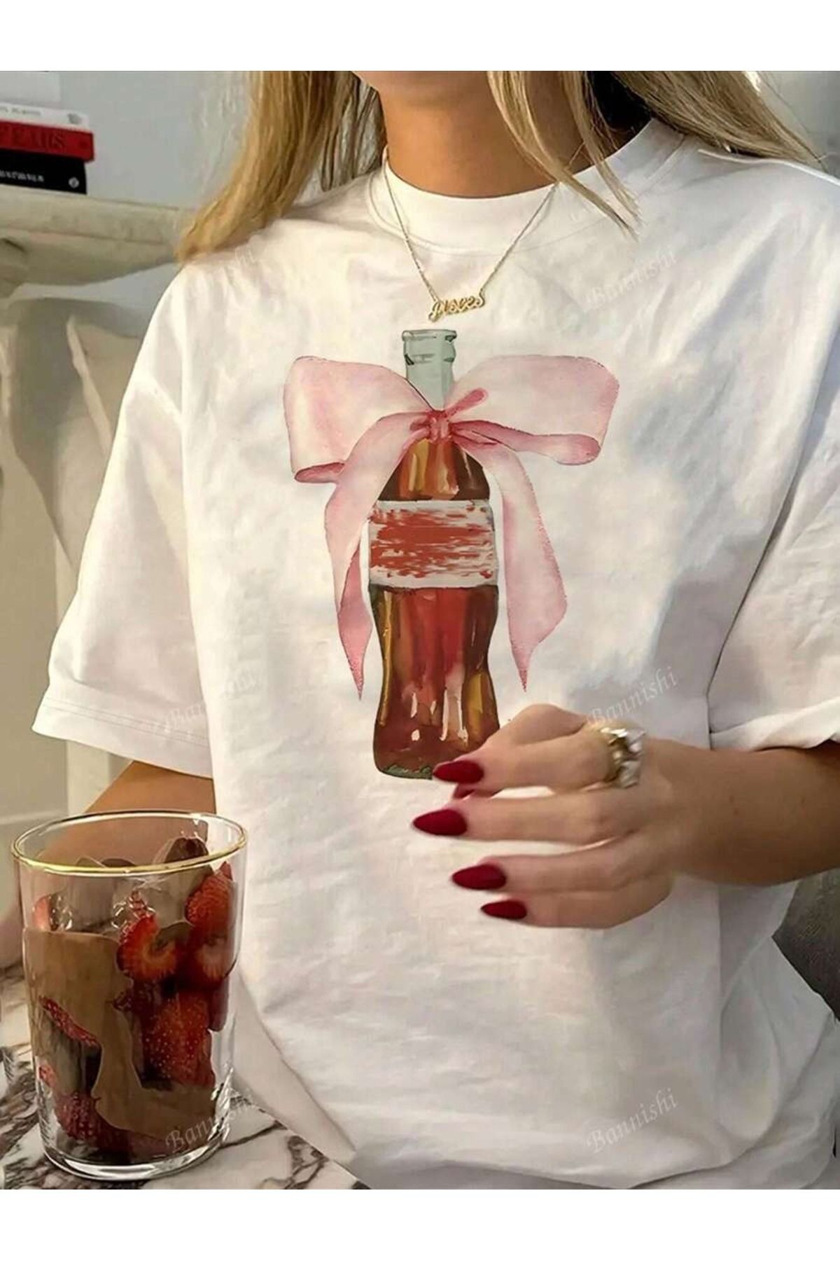 OVER HEAD Kadın Kurdele Kola Baskılı Oversize T-shirt