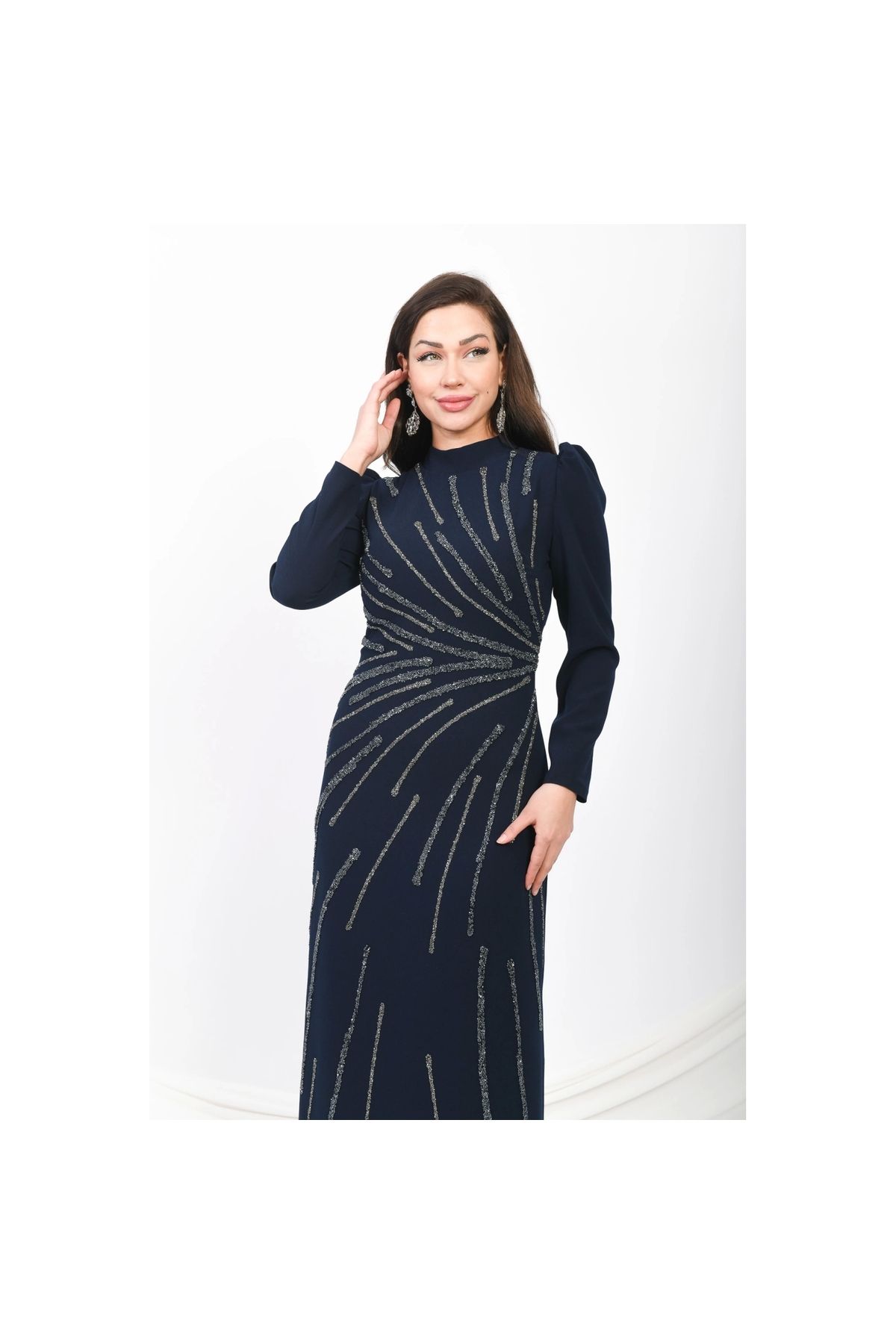 Moda Sezaver Tesettür Abiye | Büyük Beden Elbise | Binbir Gece Masalı Abiye - Lacivert