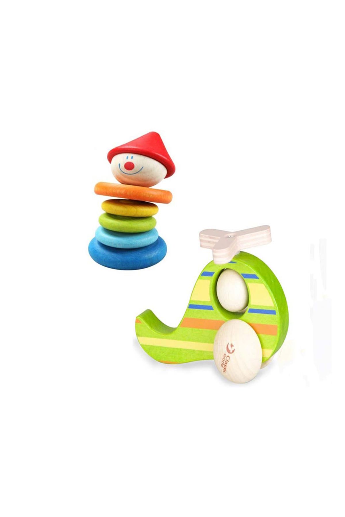 Classic World Calimeratoys Ahşap Palyaço Çıngırak & Helikopter Oyuncak 2li Set