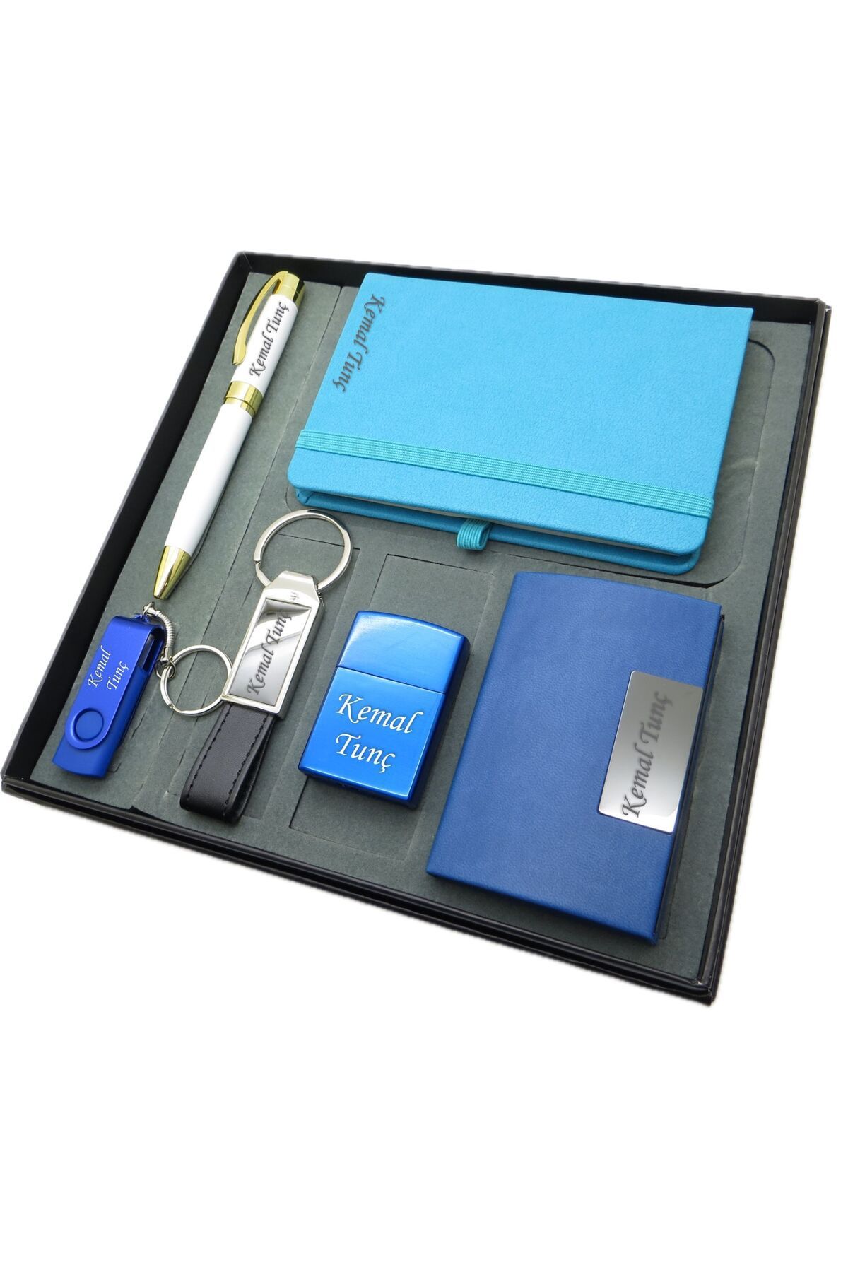 Signator ® Aqua | İsme Özel Set - 32 Gb. Usb Bellek + Çakmak + Not Defteri + Anahtarlık + Kalem ve