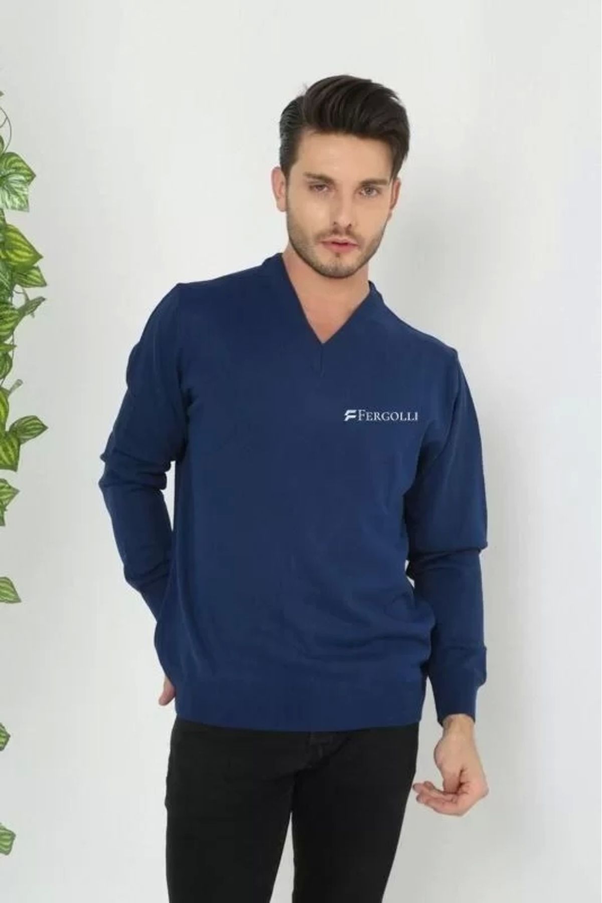 BÜŞRA TEZEL MODA Baskılı V Yaka Uzun Kol Dokuma Triko - Indigo