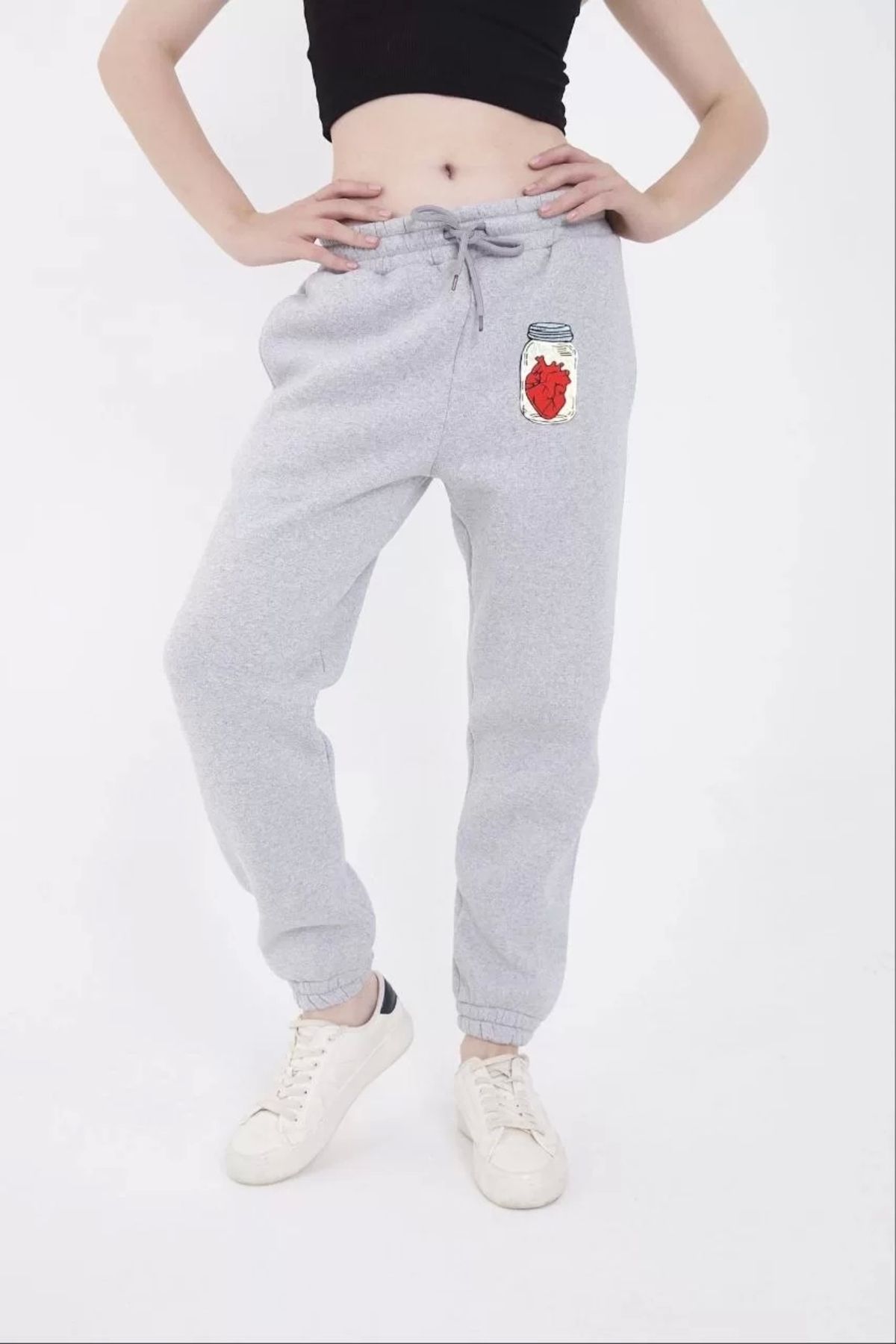 BÜŞRA TEZEL MODA Üç İplik Lastikli Baskılı Eşofman Pantolon - Gri