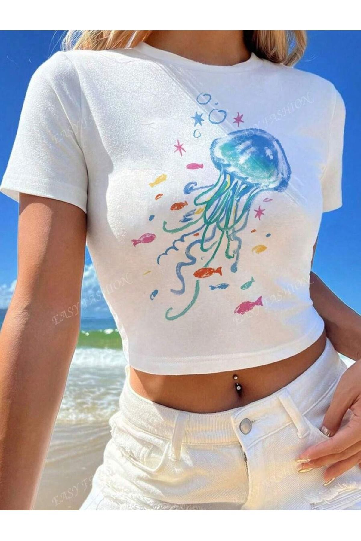OVER HEAD Kadın Y2K Deniz Anası Baskılı Bayb Tee Crop