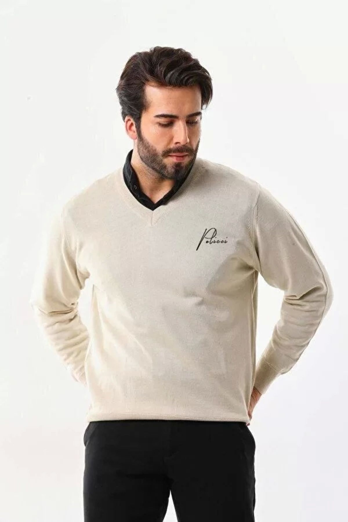 BÜŞRA TEZEL MODA Baskılı V Yaka Uzun Kol Dokuma Triko - Bej