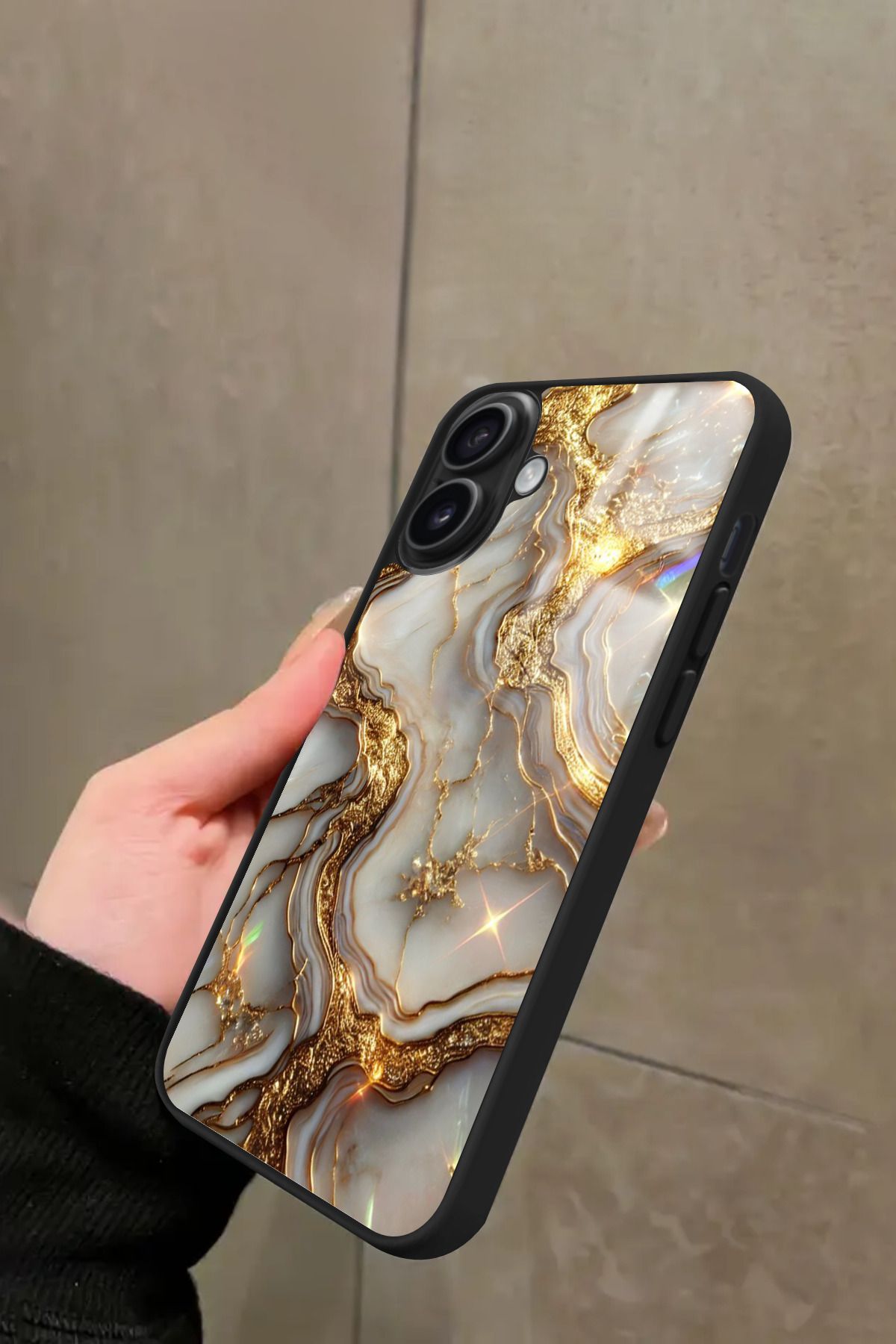 Snacase iPhone 16 Plus Uyumlu Beyaz&Altın Mermer Tasarımlı Glossy Premium Kılıf