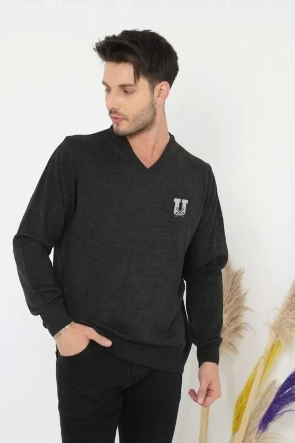 BÜŞRA TEZEL MODA Baskılı V Yaka Uzun Kol Dokuma Triko - Füme