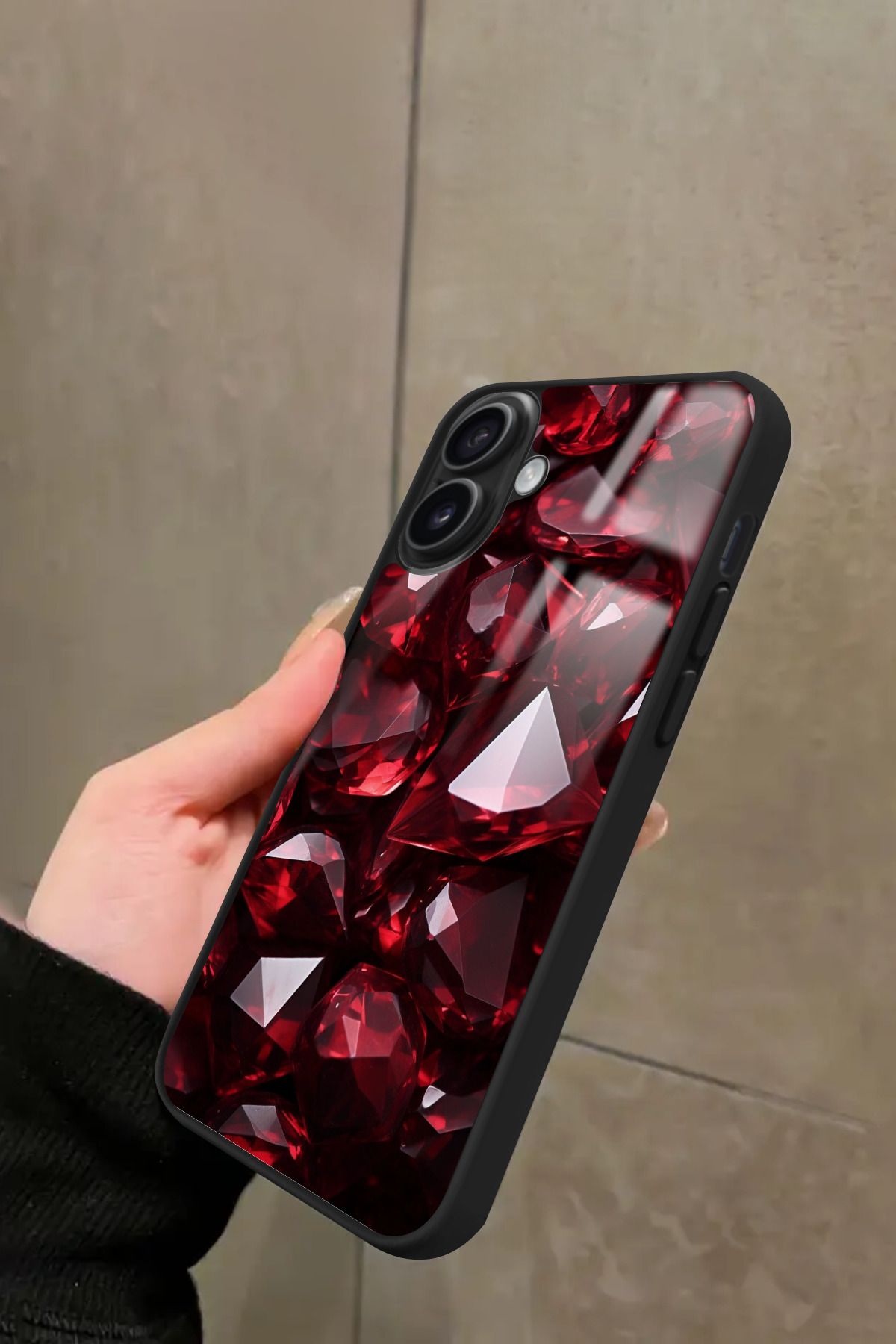 Snacase iPhone 16 Plus Uyumlu Bordo Taş Tasarımlı Glossy Premium Kılıf