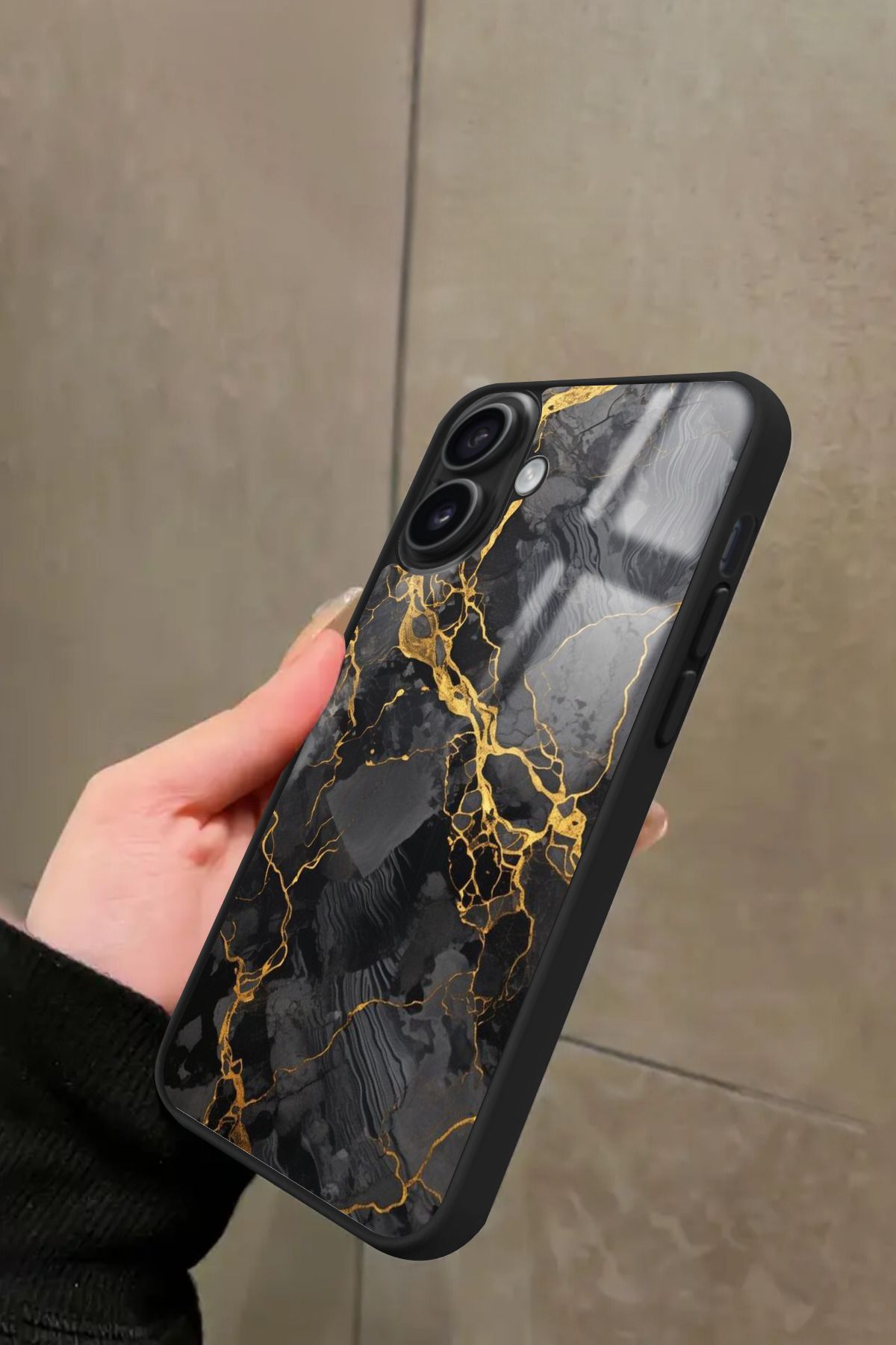 Snacase iPhone 16 Plus Uyumlu Siyah Mermer Tasarımlı Glossy Premium Kılıf