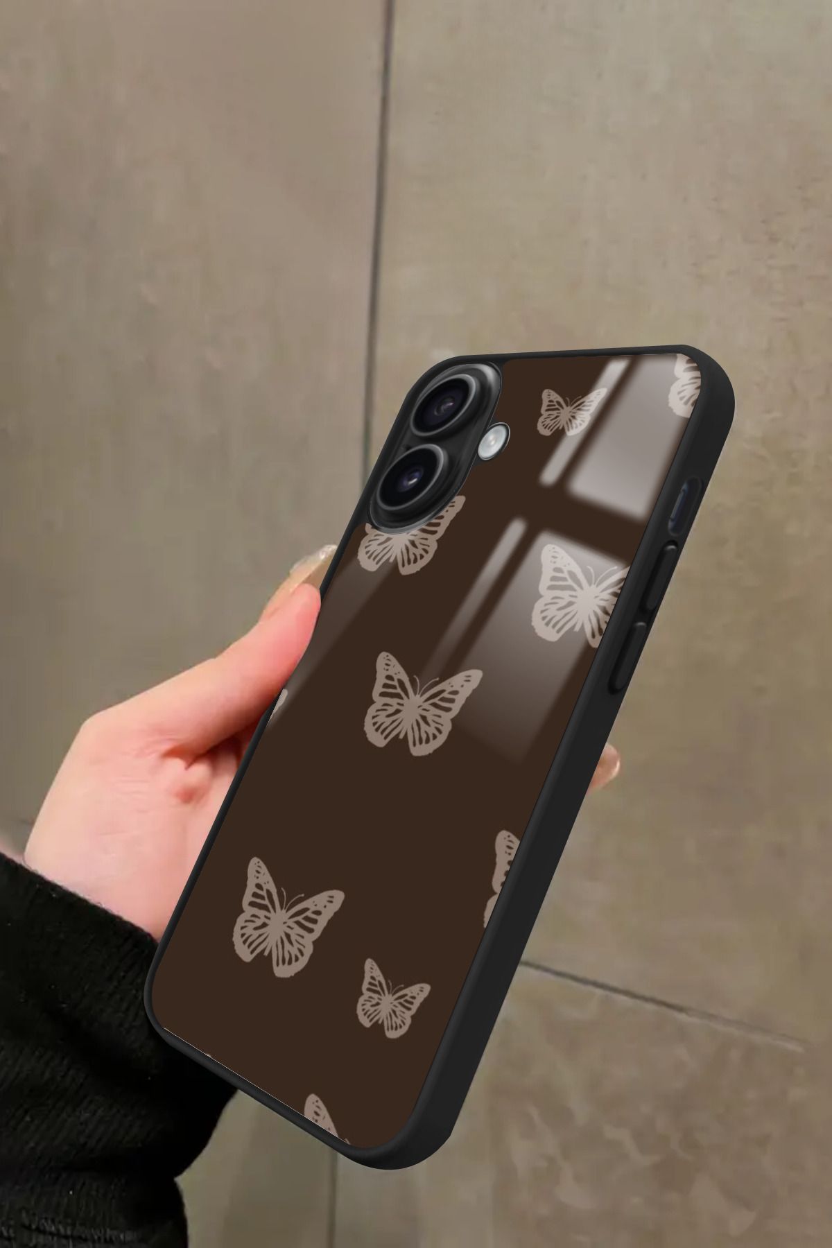 Snacase iPhone 16 Uyumlu Kahverengi Kelebek Tasarımlı Glossy Premium Kılıf