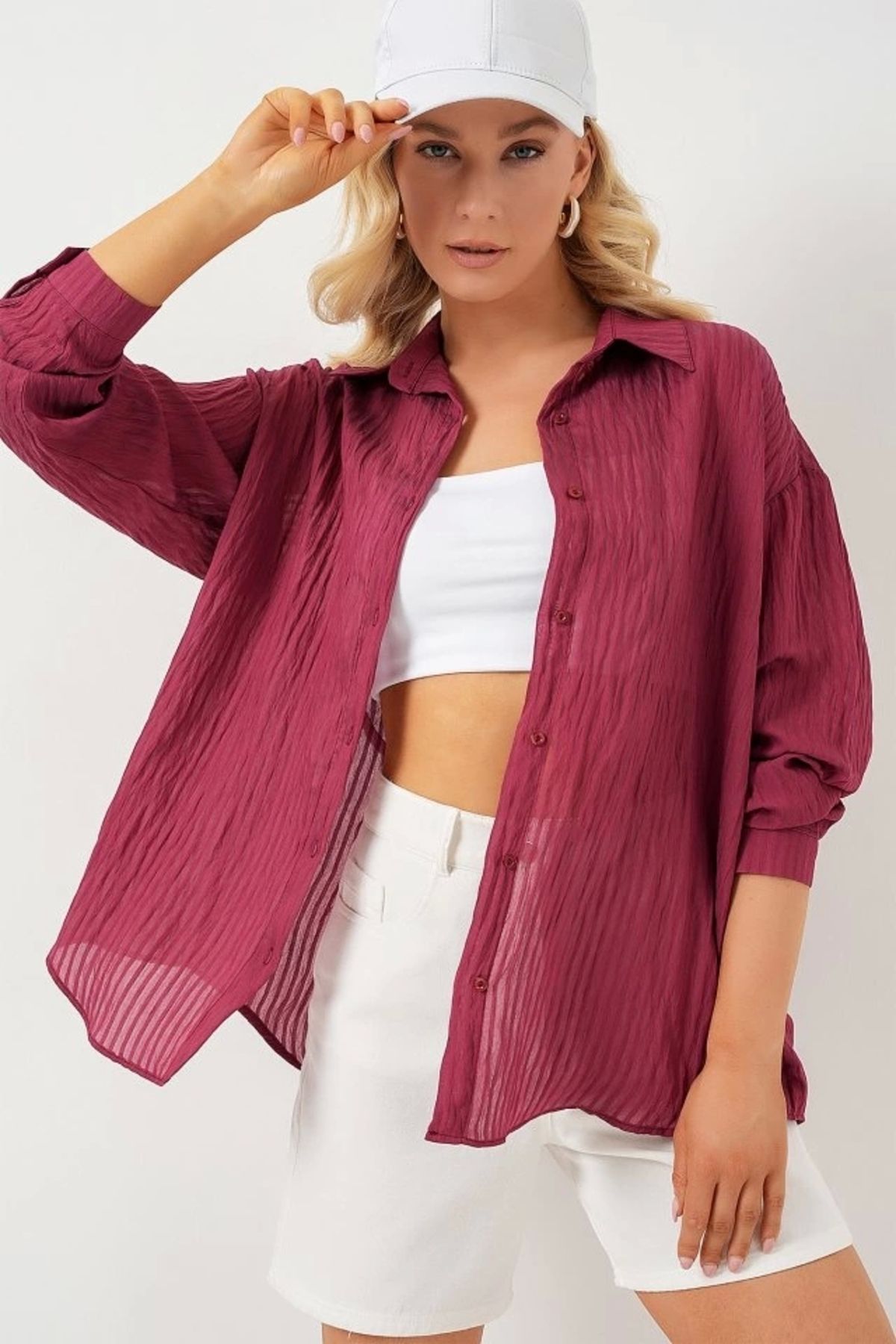 Butik Uzun Oversize Gömlek 20320 - Bordo