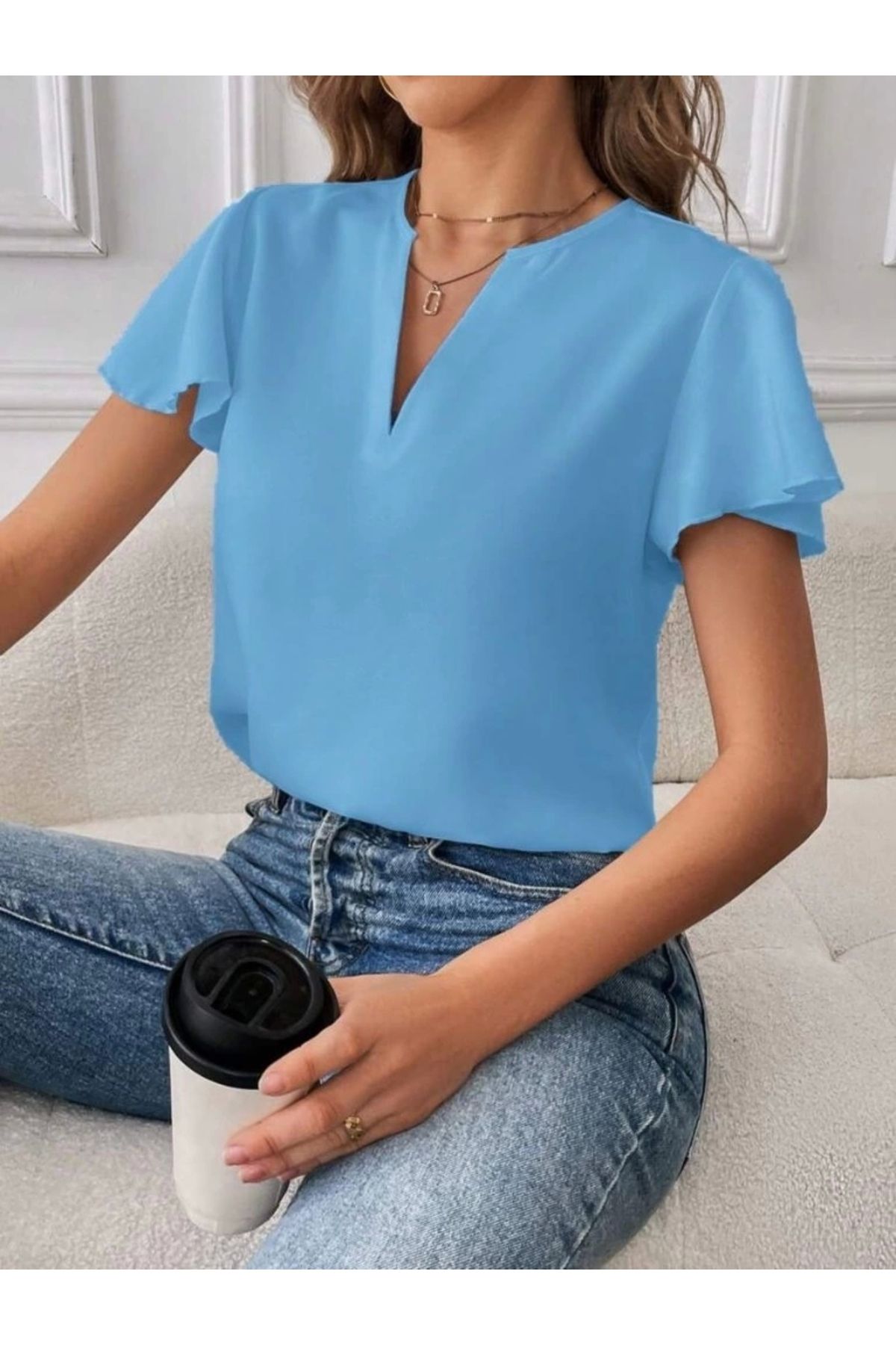 Butik Kadın Kısa Kollu Kelebek Kollu V Yakalı Sandy Bluz