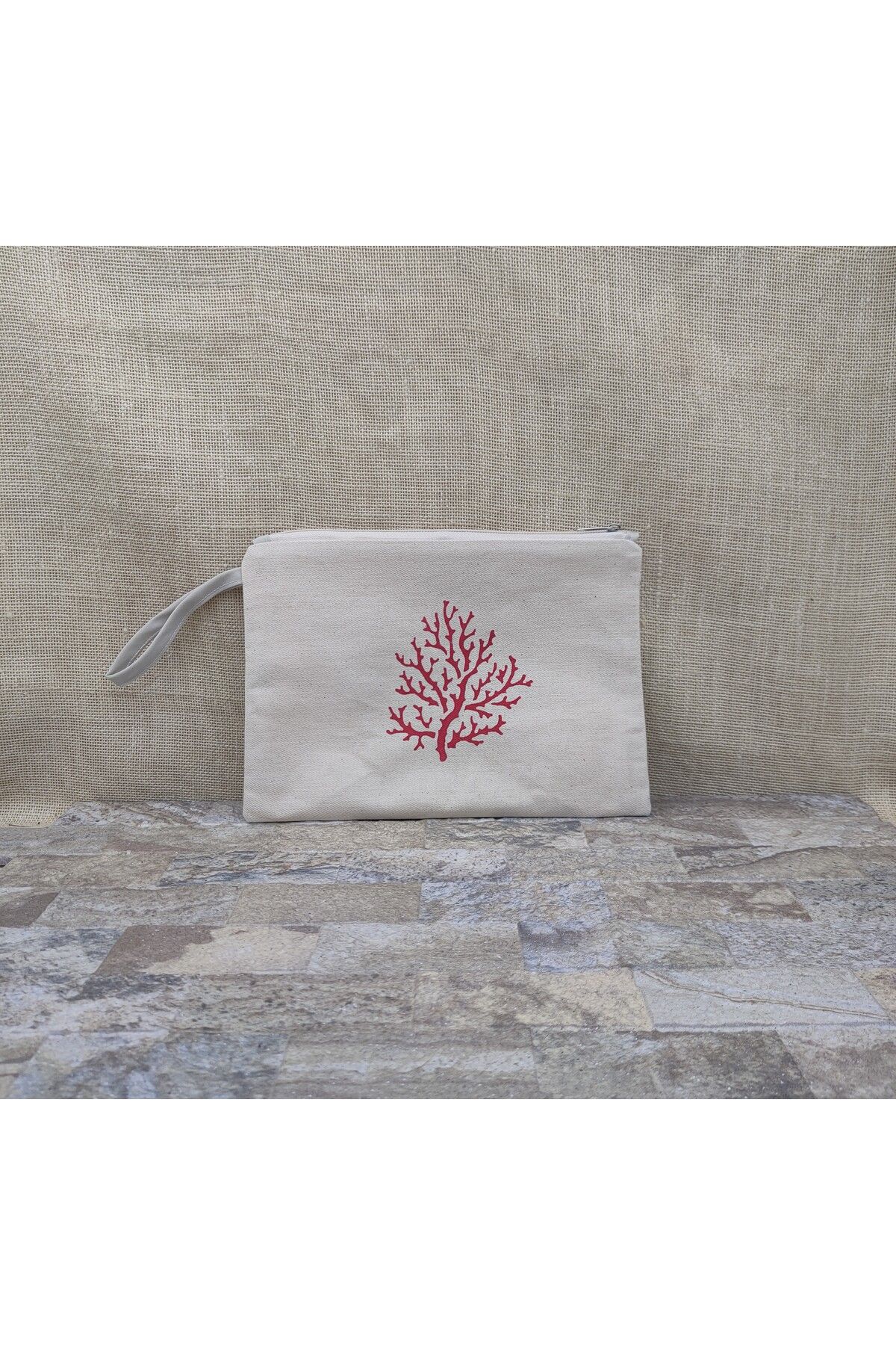 OBİDEV Tahta Baskı Mercan Desenli Clutch,Portföy,Makyaj Çantası