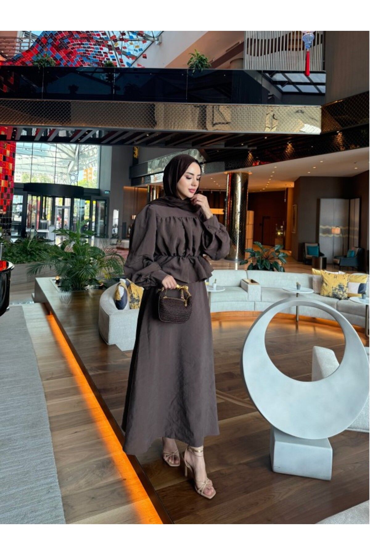Miraydın Butik Kadın Büzgülü Gömlek Etek Takım M41355 - Kahverengi