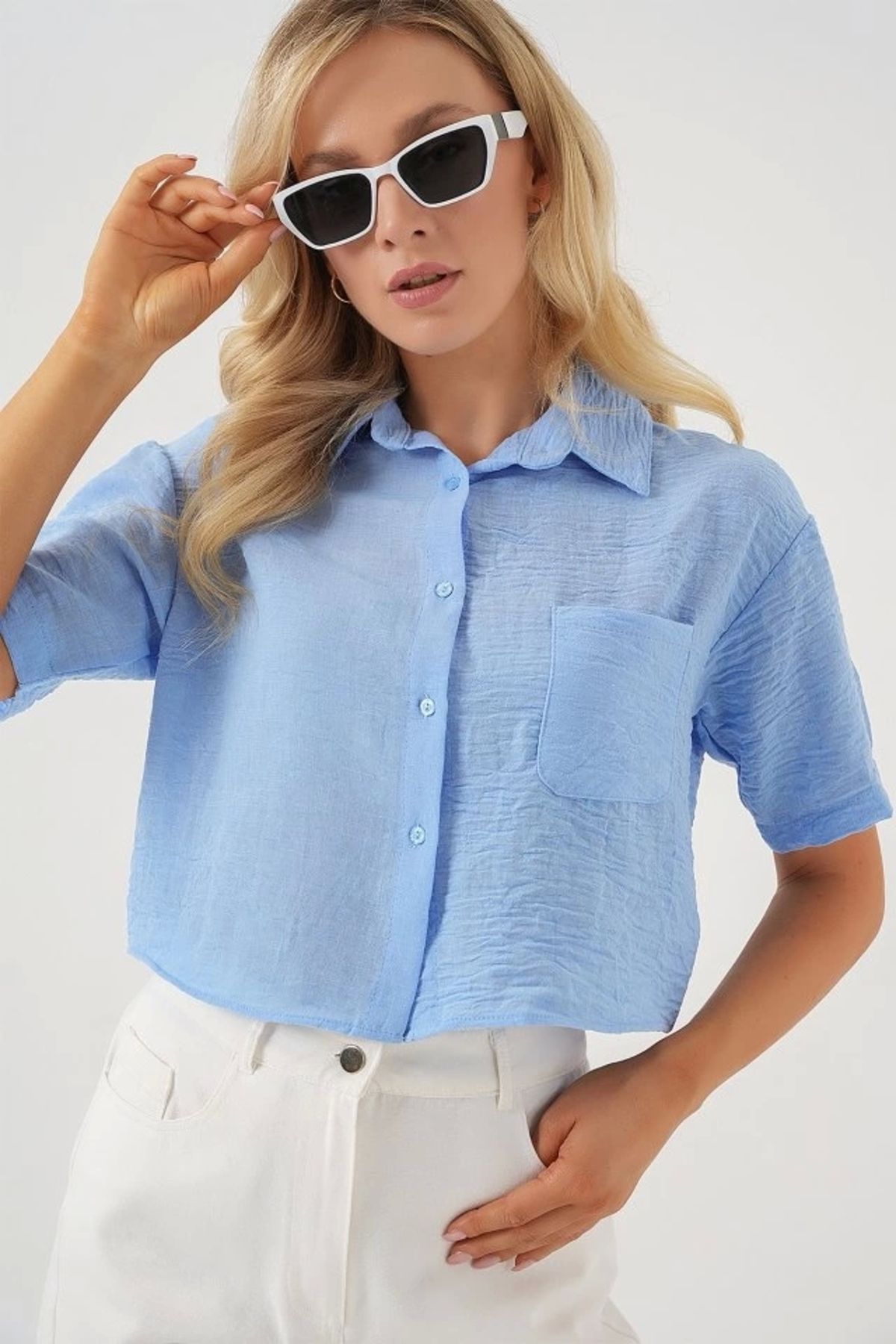 Butik Kısa Kol Crop Gömlek 20341 - Mavi