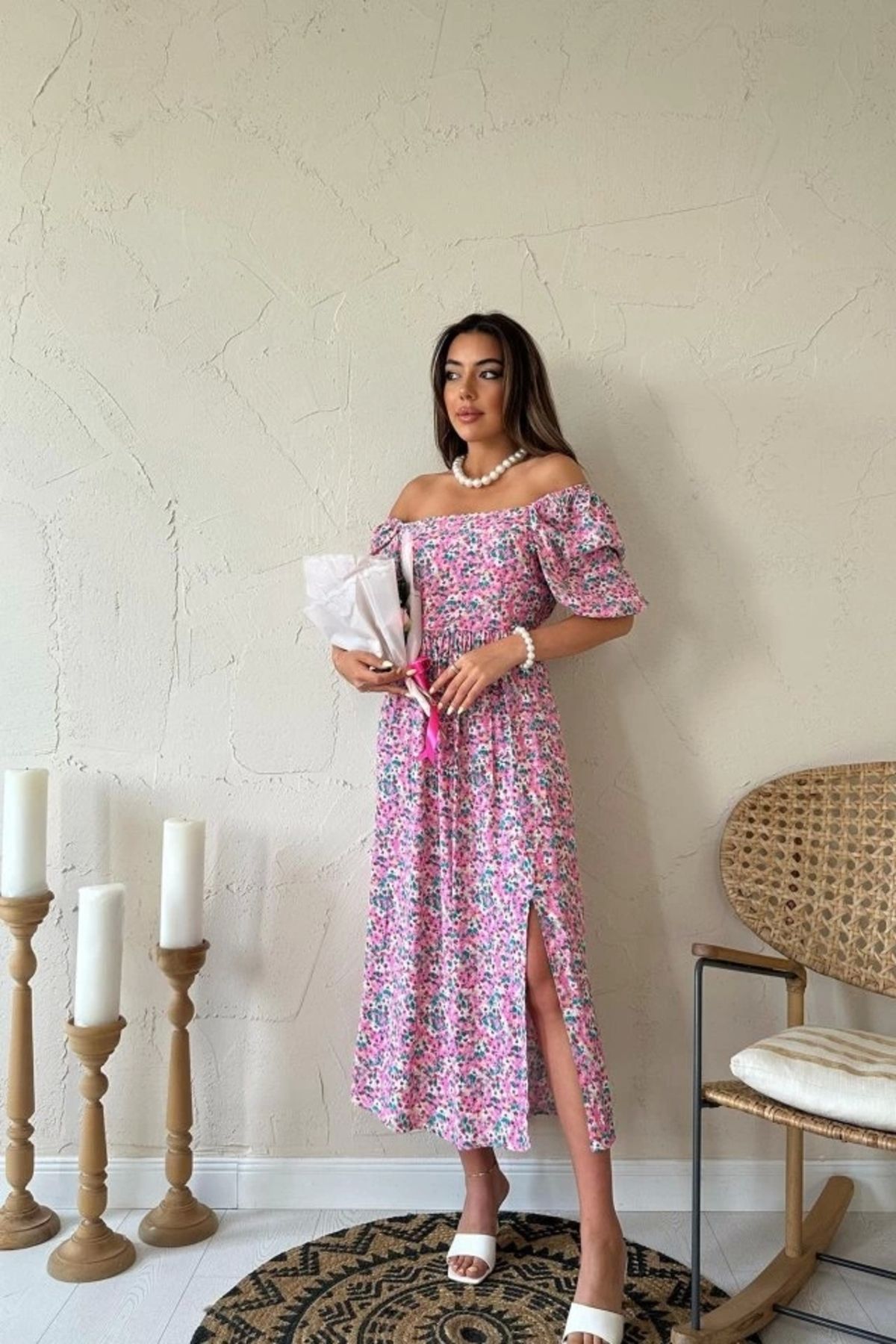 Butik Fuşya Çiçek Desenli Elbise