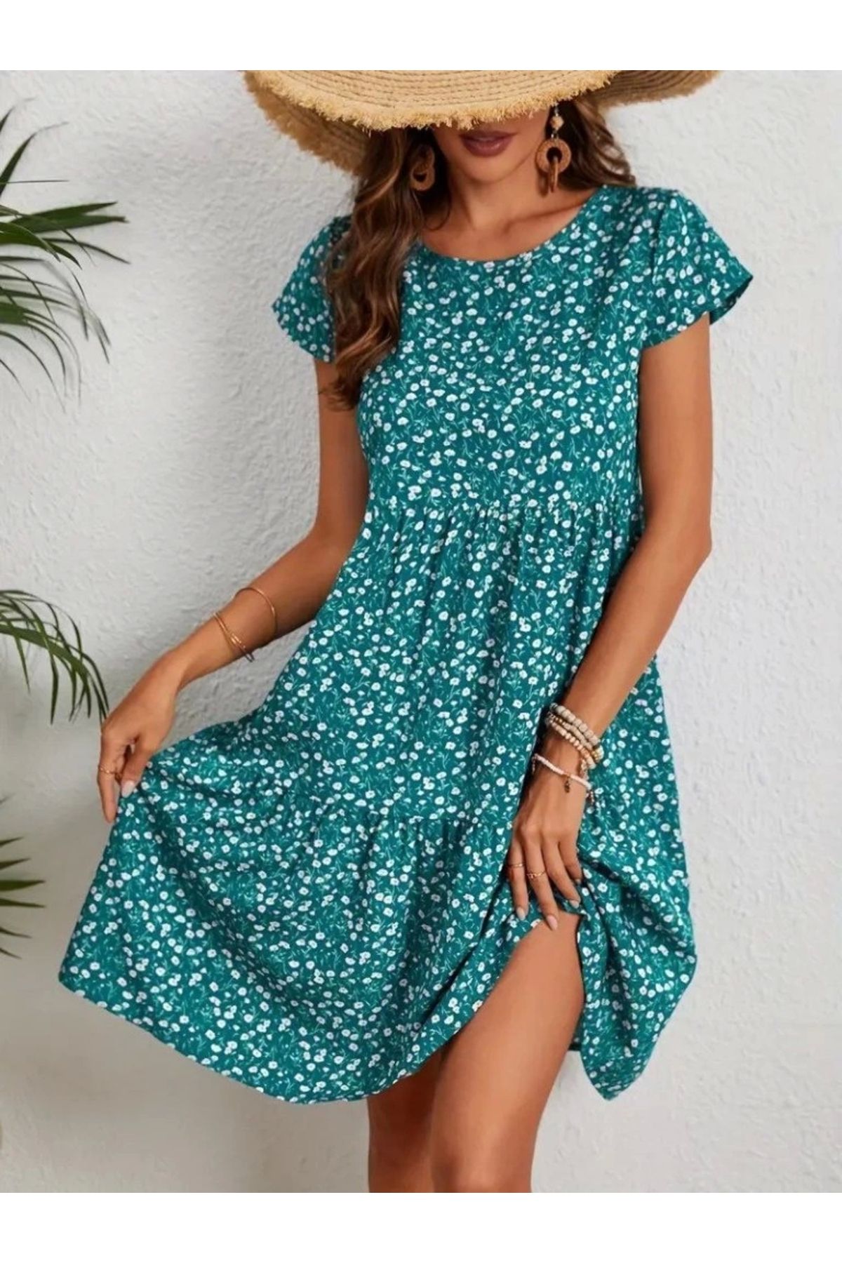 Butik Kadın Kısa Kollu Bisiklet Yaka çiçek Desenli Süprem Elbise