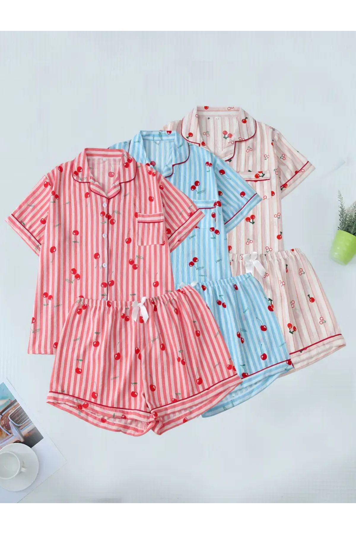 LunatrisHomewear Kiraz Baskılı Gömlek Şort Pijama Takımı