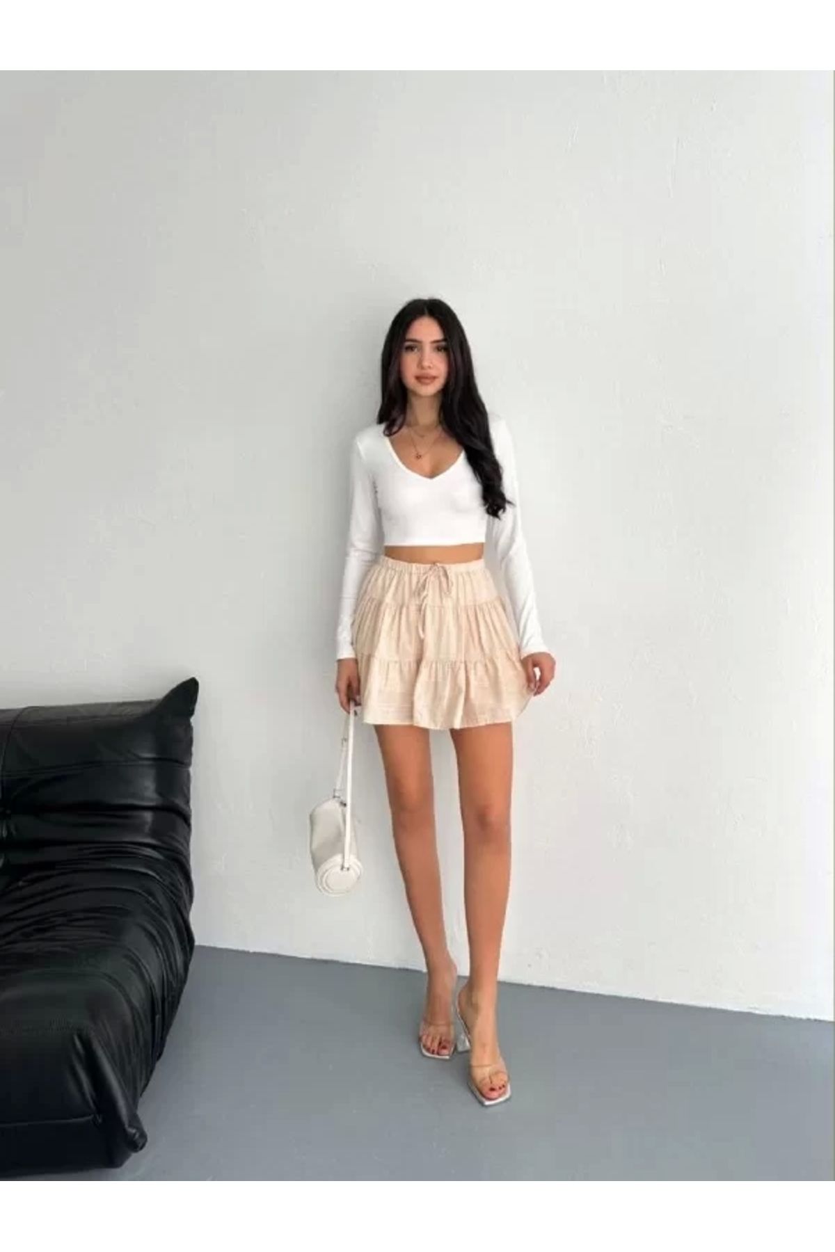 BÜŞRA TEZEL MODA Keten Şortlu Etek - Bej