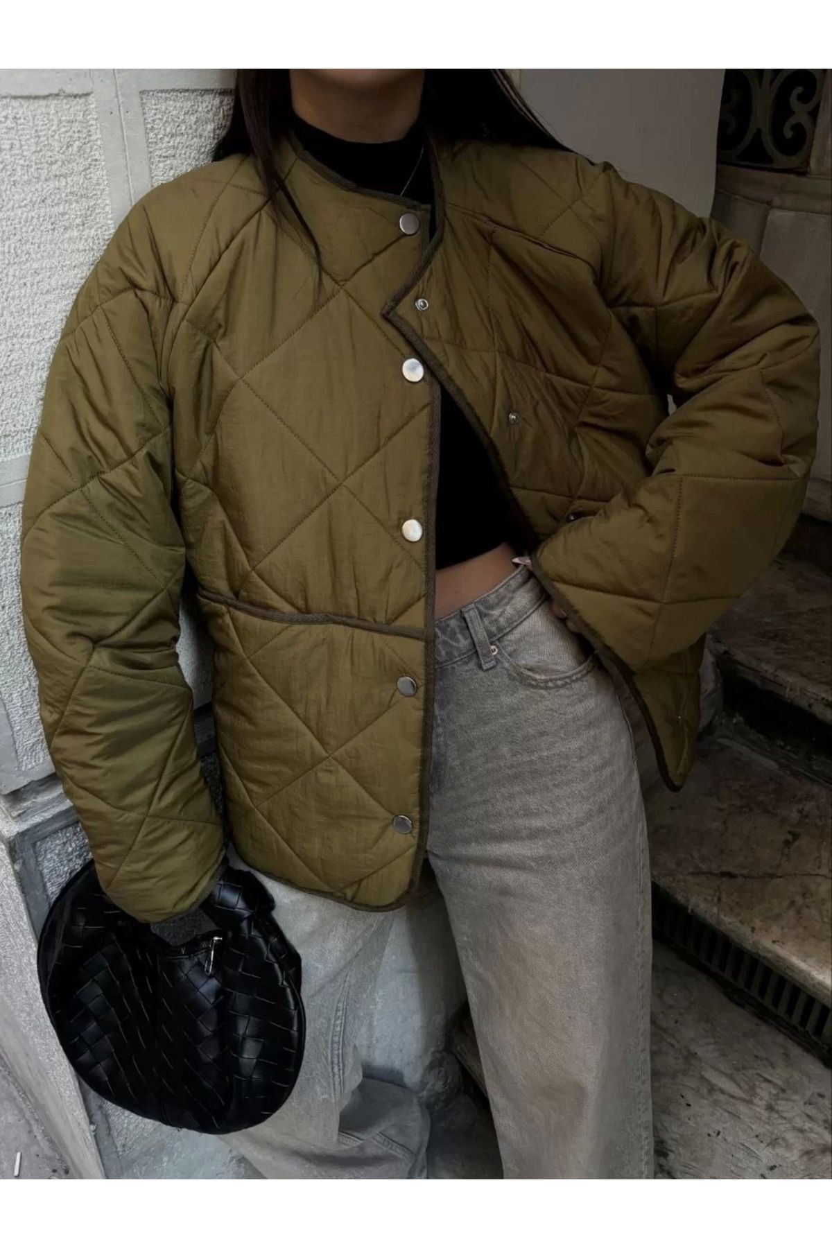 BÜŞRA TEZEL MODA Cıt Cıt Detaylı Çepli Ceket Mont- Kahve