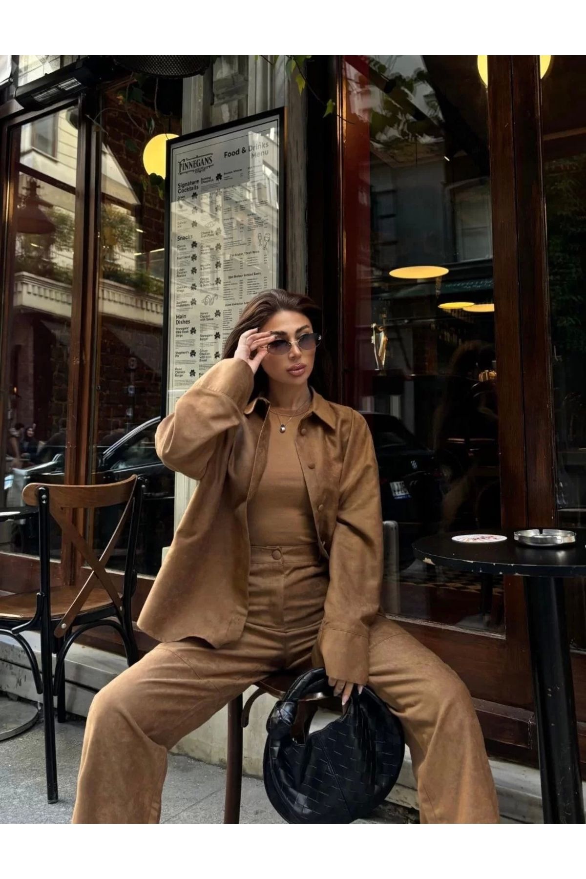 BÜŞRA TEZEL MODA Süet Gömlek Palazzo Pantolon İkili Takım - Kahve