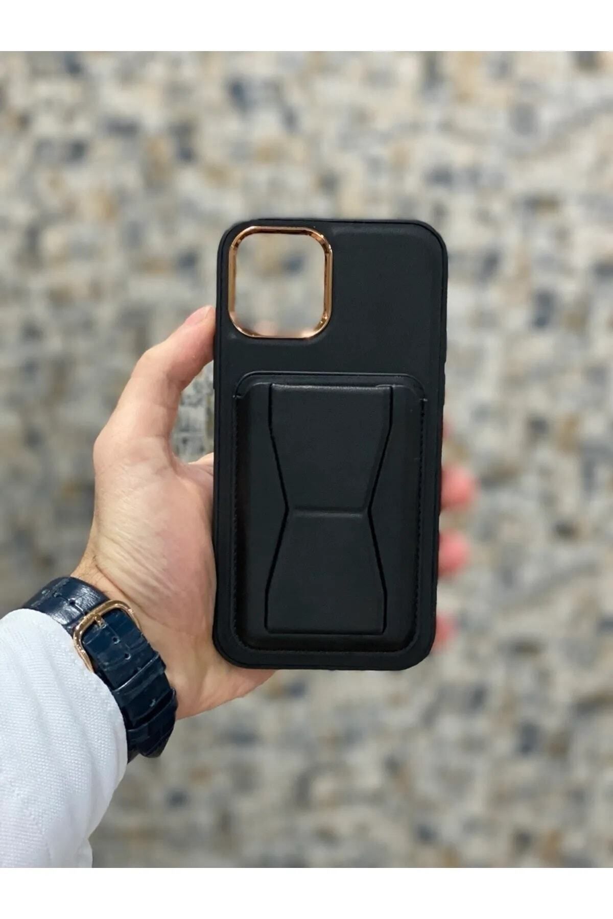 ERMER Apple iphone 14 Kılıf Kartlıklı Deri Görünümlü Stant Olabilen Metal Çerçeveli Kapak Kilif