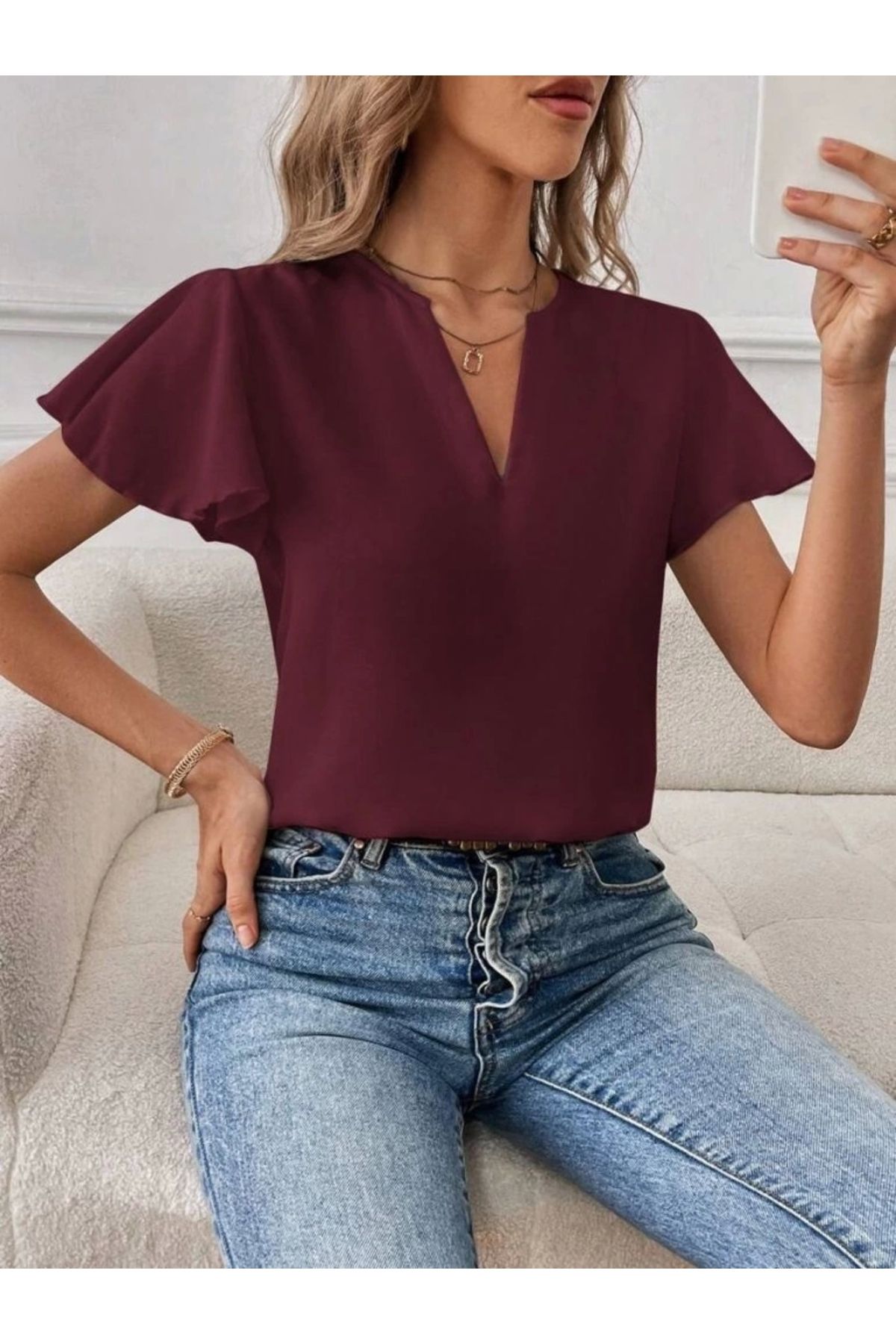 Butik Kadın Kısa Kollu Kelebek Kollu V Yakalı Sandy Bluz