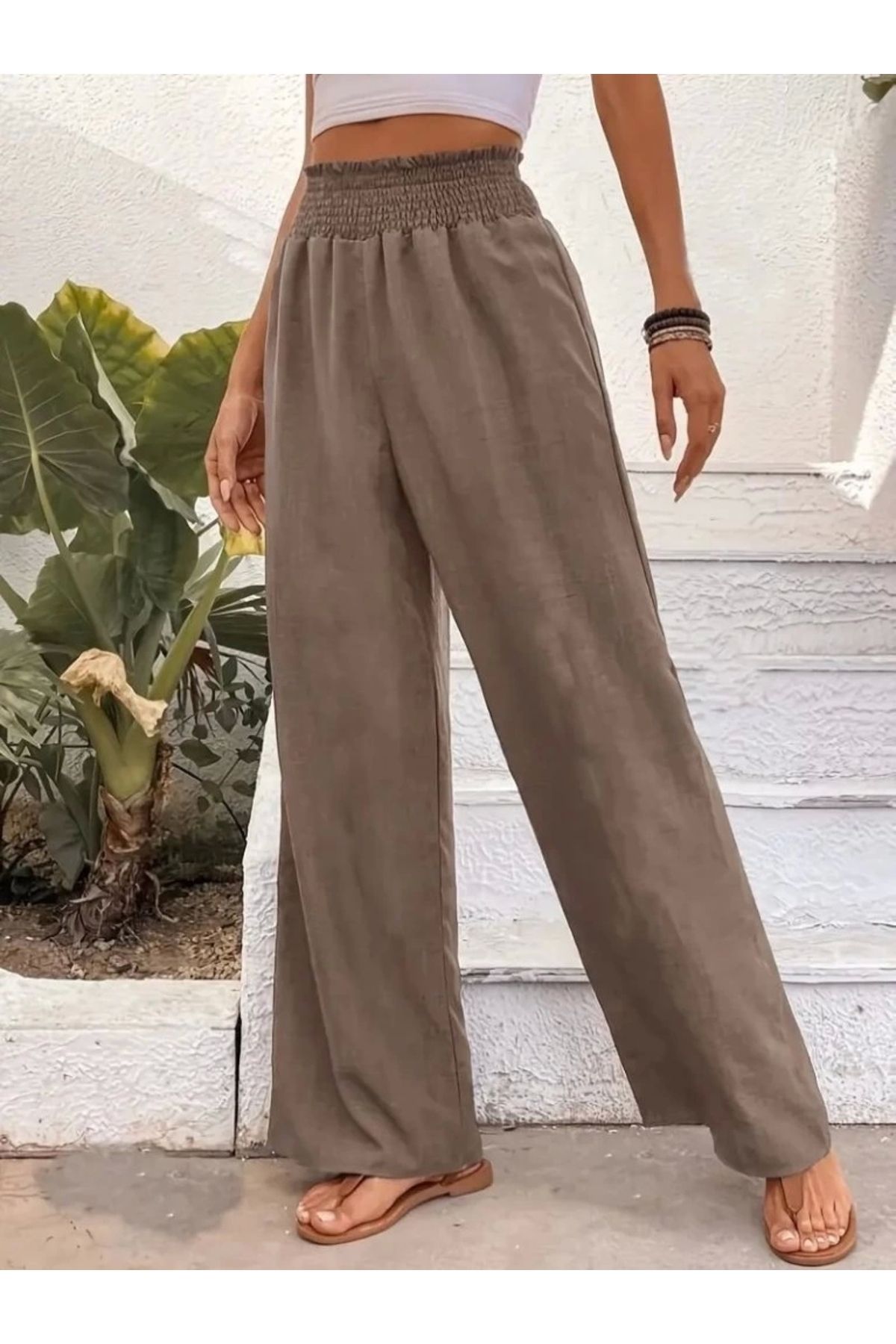 Butik Kadın Yüksek Bel Lastikli Ithal Krep Pantolon