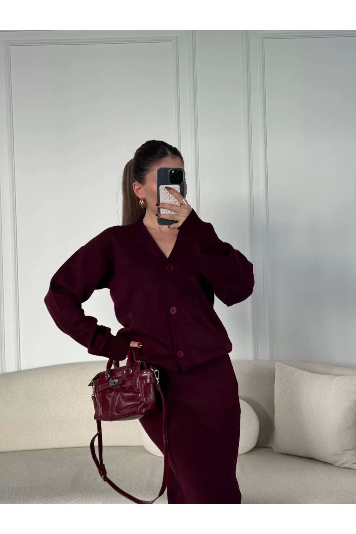 BÜŞRA TEZEL MODA V Yaka 3 Düğmeli Hırka Takım Triko İkili Etekli - Bordo