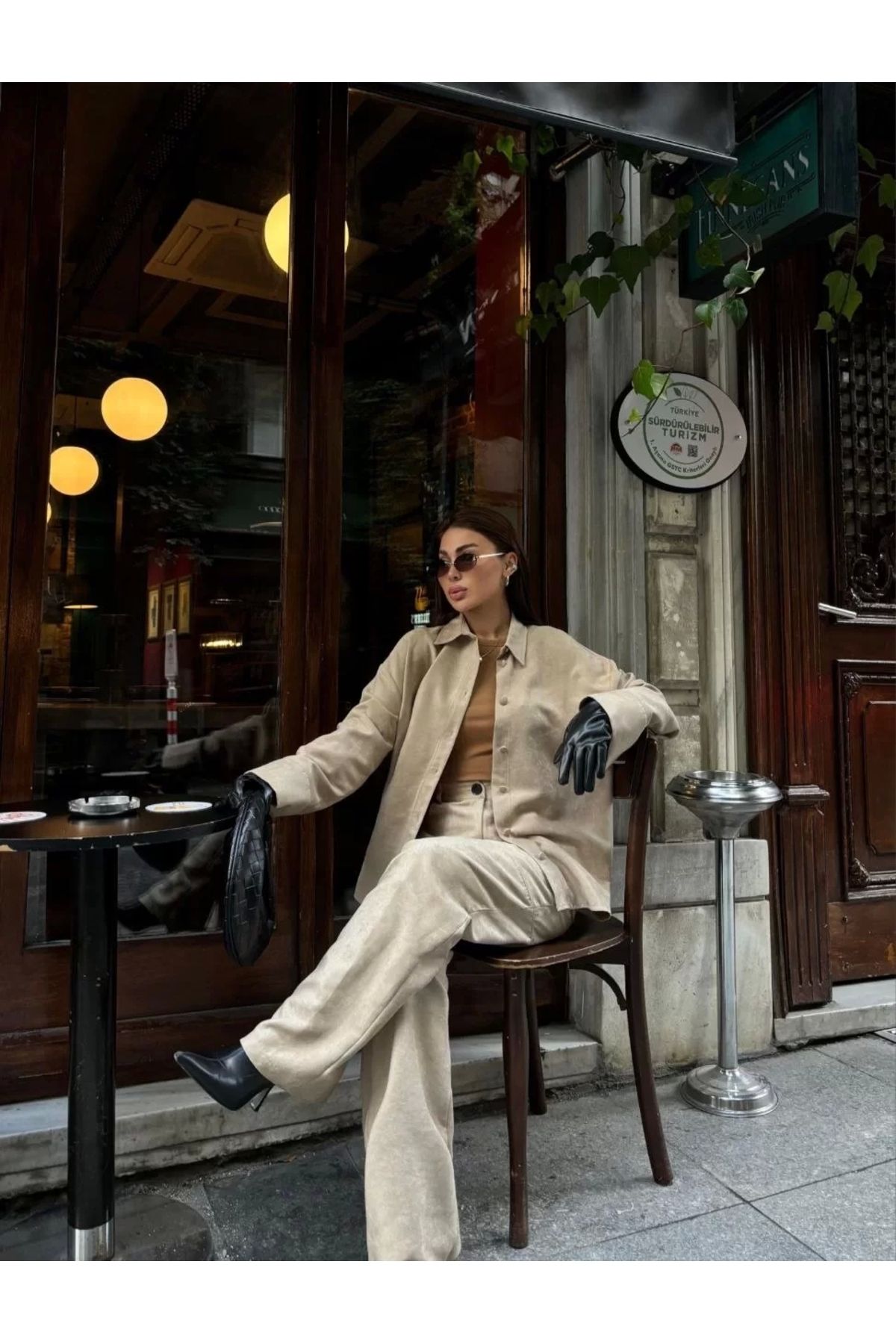BÜŞRA TEZEL MODA Süet Gömlek Palazzo Pantolon İkili Takım - Bej