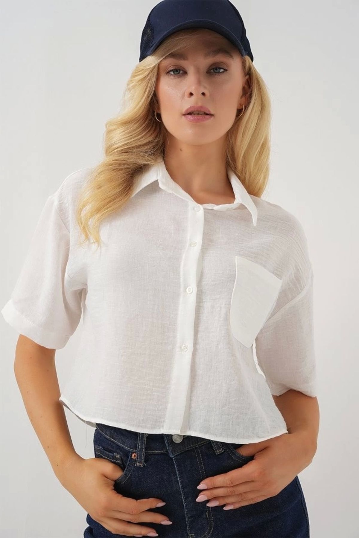 Butik Kısa Kol Crop Gömlek 20341 - Beyaz