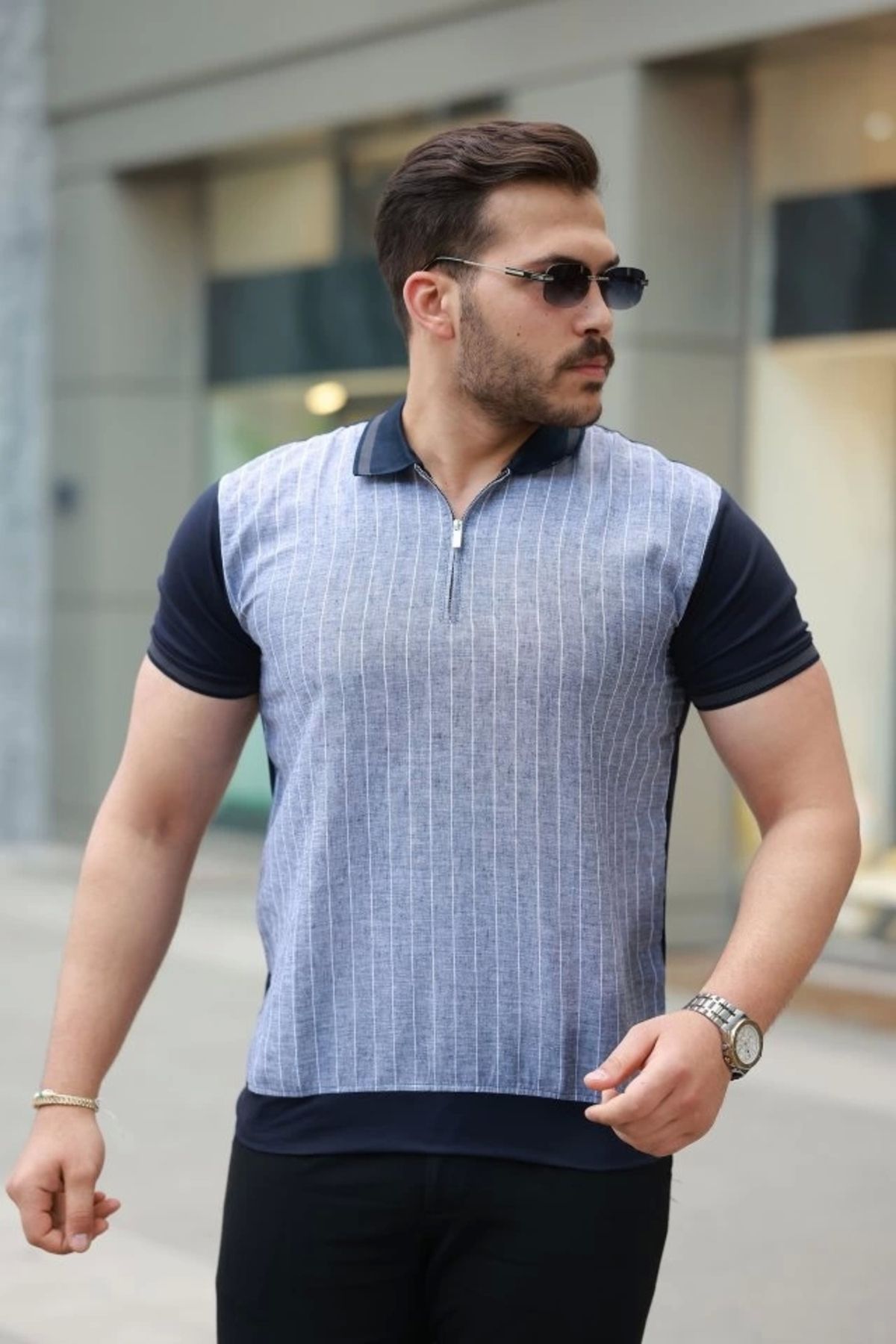 Butik Erkek Fermuar Yakalı çizgili Kısa Kollu Tişört