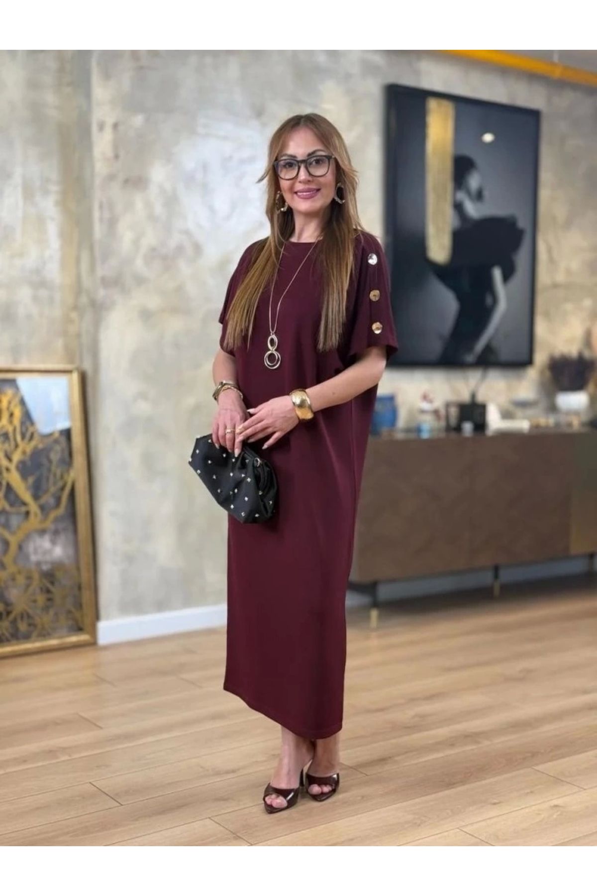 Butik Kadın Kısa Kollu Bisiklet Yaka Omuzdan Düğmeli Uzun Viskon Iki Iplik Elbise