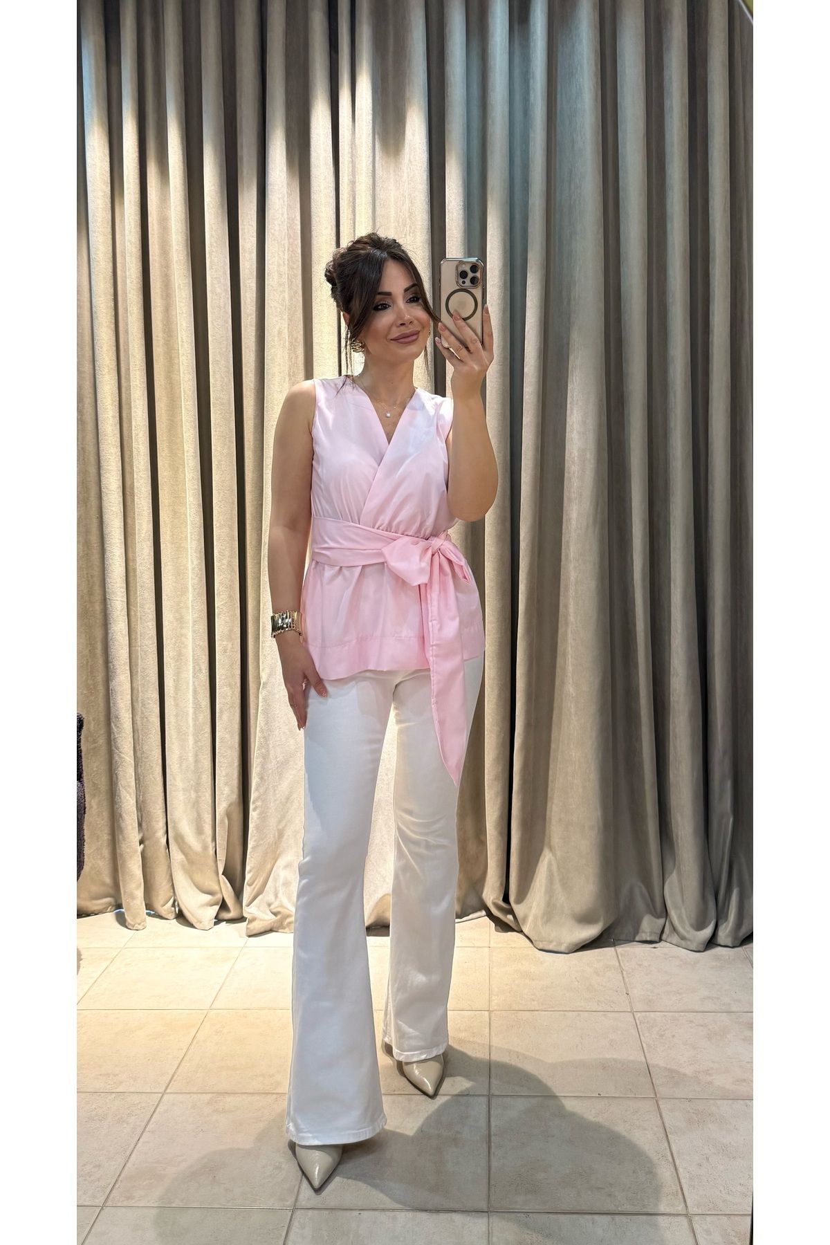 Kedi Fashion Polin Kuşaklı Bluz