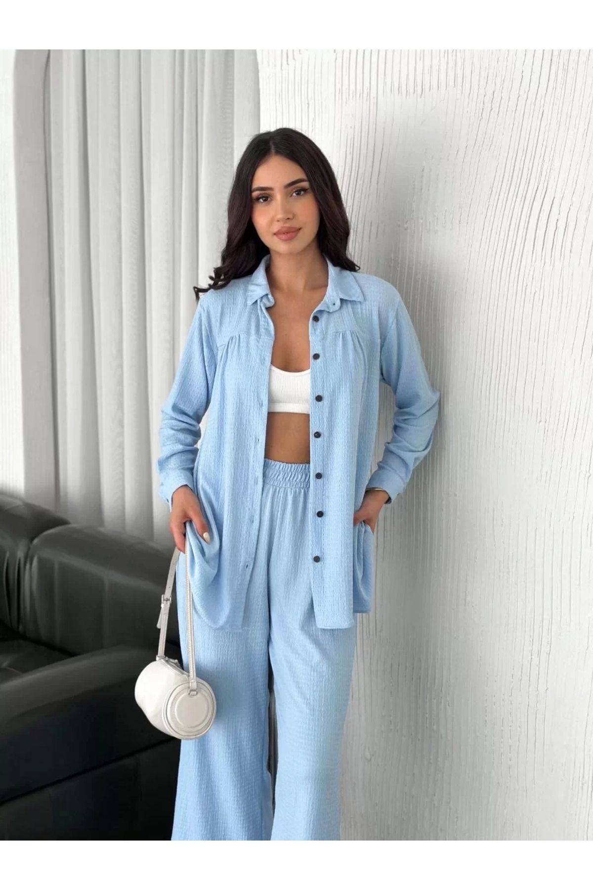 BÜŞRA TEZEL MODA Yakalı Düğmeli Uzun Kollu Gömlek Pantolon ikili Takım - Bebek Mavisi