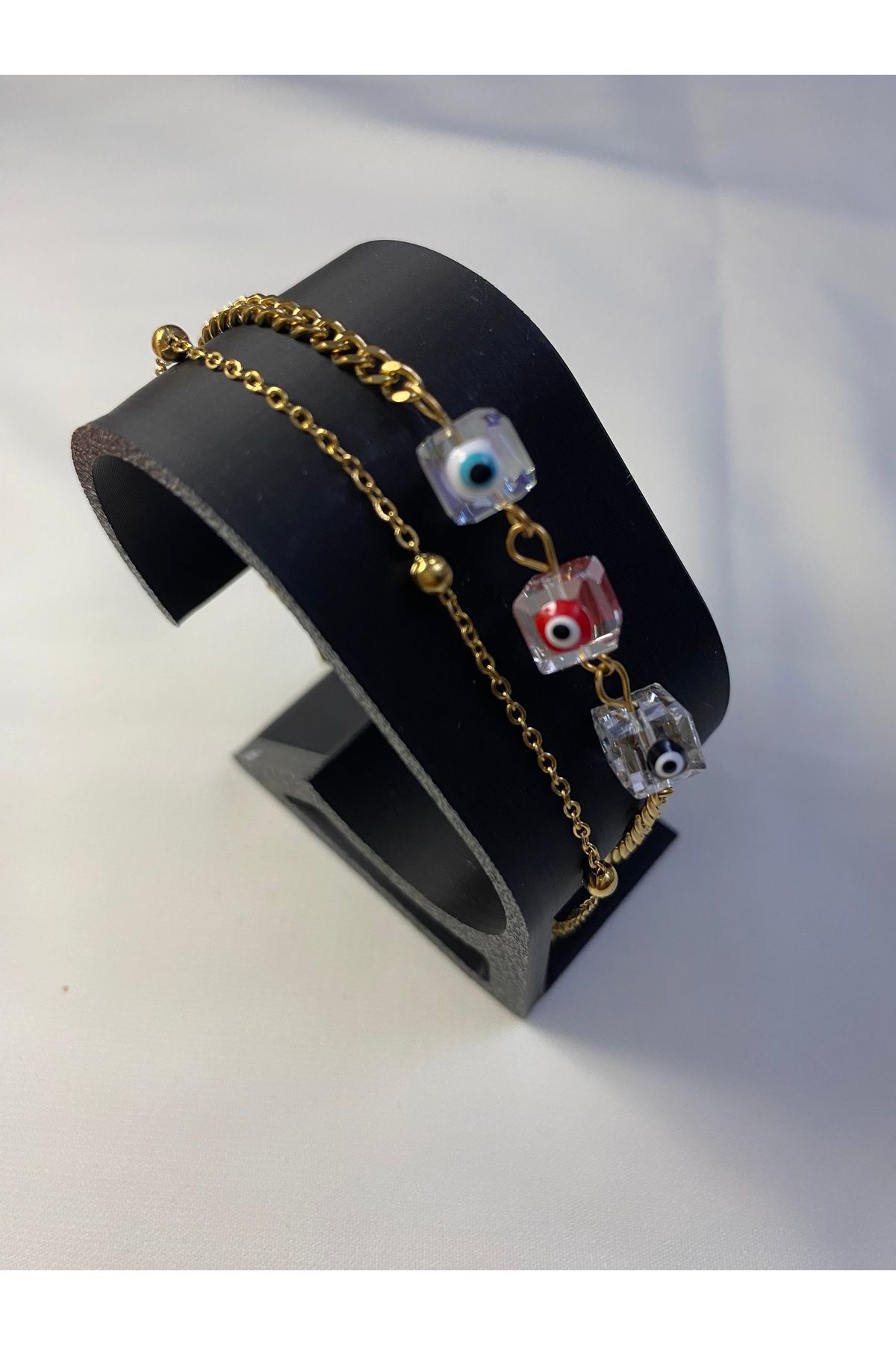 asem jewelry KRİSTAL KÜP NAZAR BONCUKLU GOLD RENK ÇİFT ZİNCİR ÇELİK BİLEKLİK