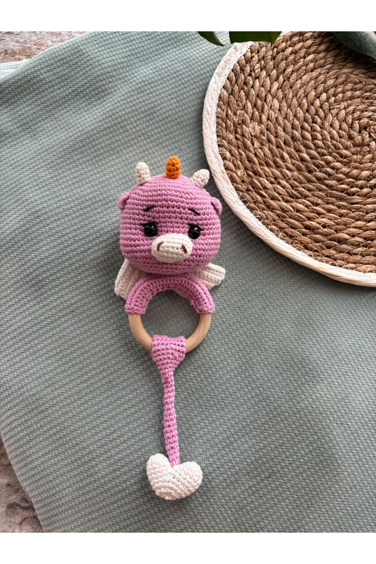 Aia&Co Amigurumi Sevimli Dinozor Çıngırak Ve Diş Kaşıyıcı Organik Örgü Oyuncak