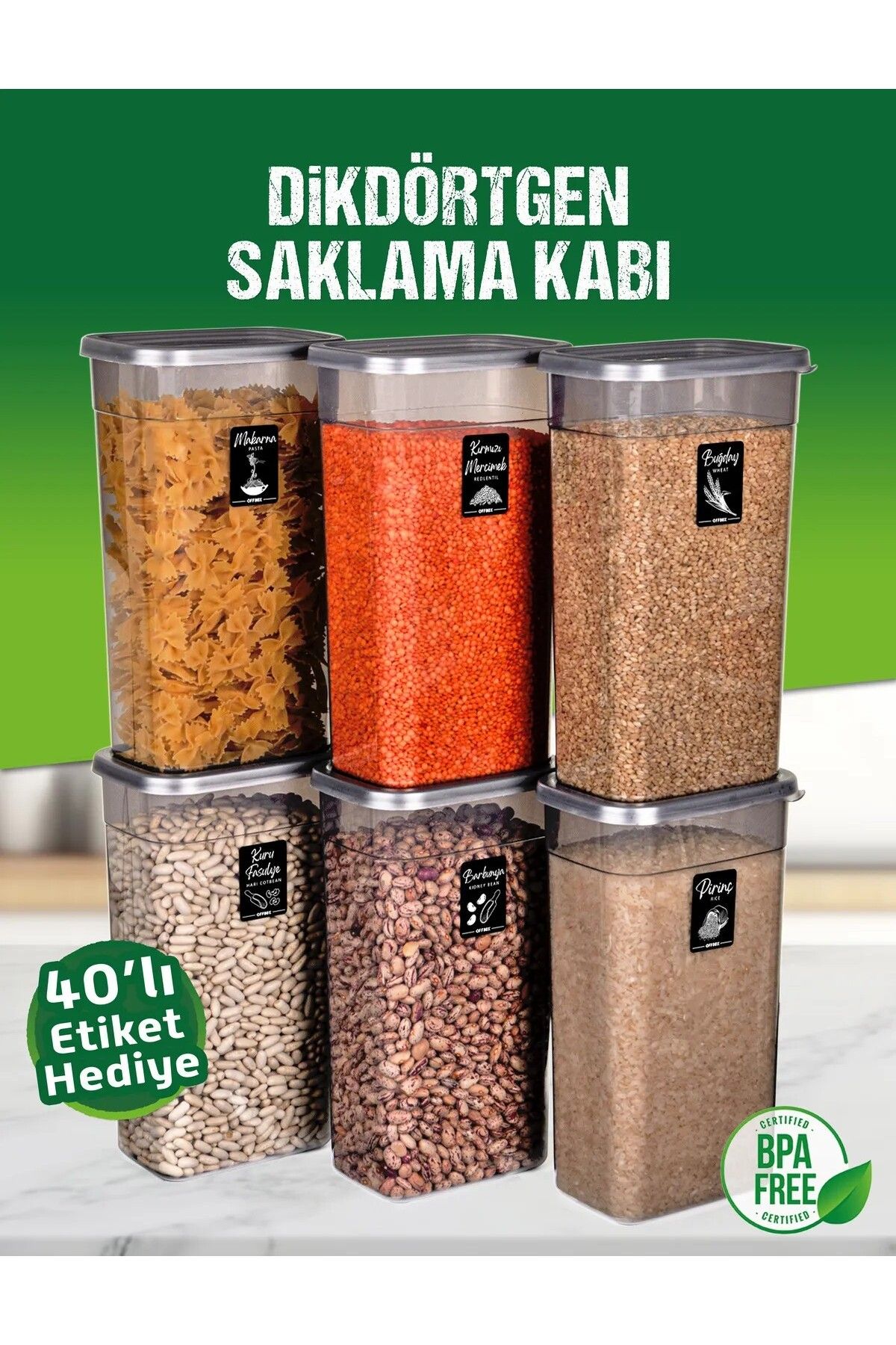 Guria Store 6 ADET 12 PARÇA3,2 LİTRE JUMBO BOY DİKDÖRTGEN ERZAK BAKLİYAT SAKLAMA KUTUSU ETİKET HEDİYELİ